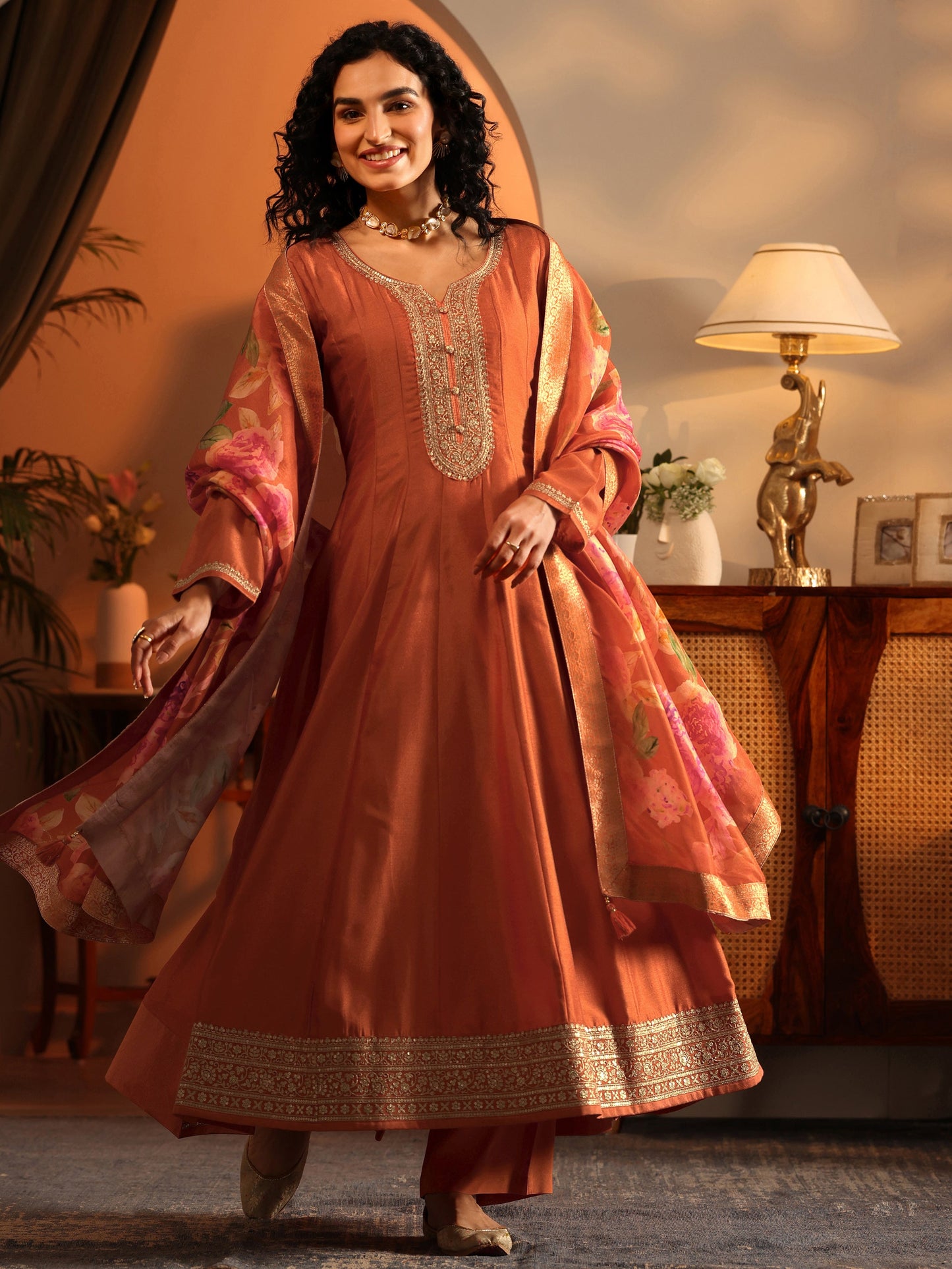 Libas Art Orange Embroidered Silk Blend Anarkali Suit Set With Dupatta