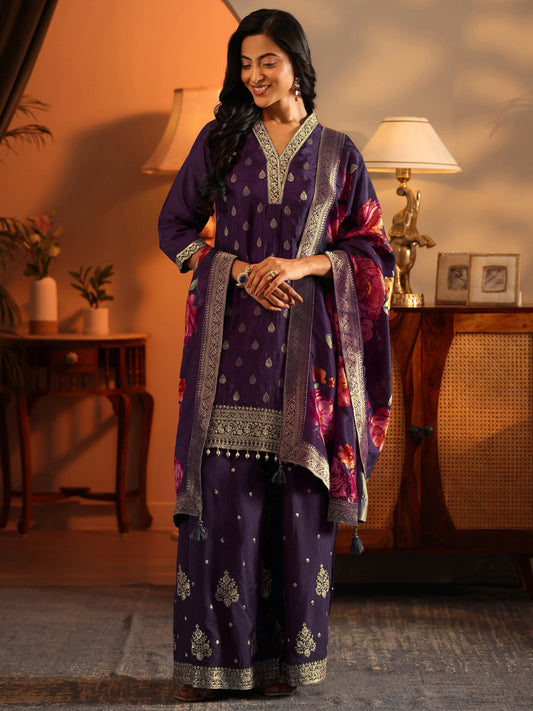 Libas Art Purple Woven Design Silk Blend Straight Suit Set With Dupatta