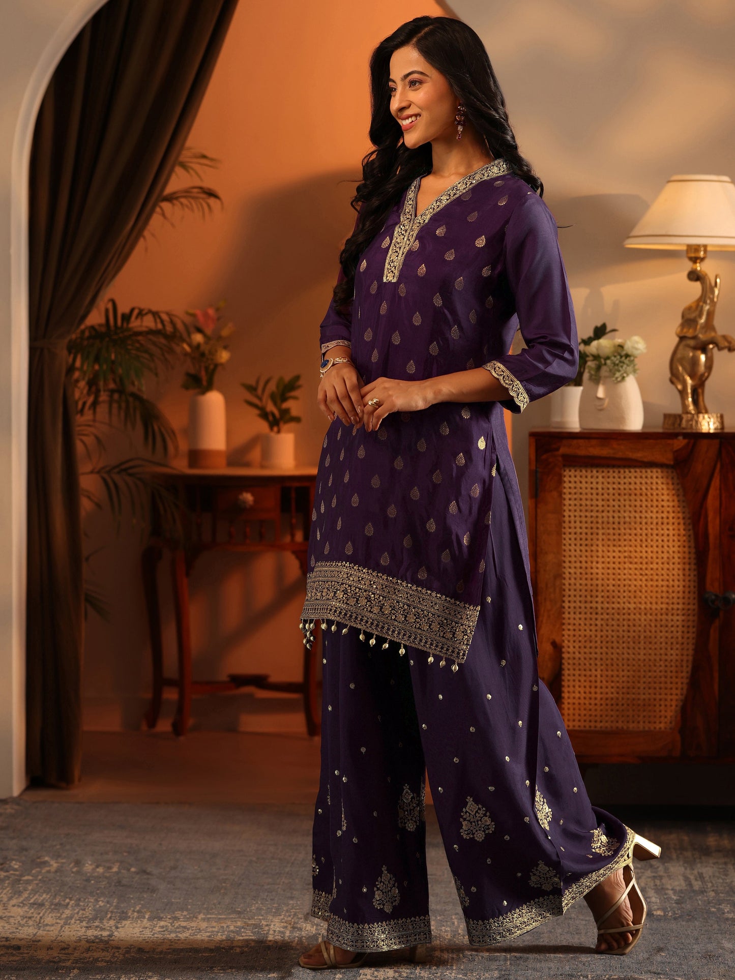 Libas Art Purple Woven Design Silk Blend Straight Suit Set With Dupatta
