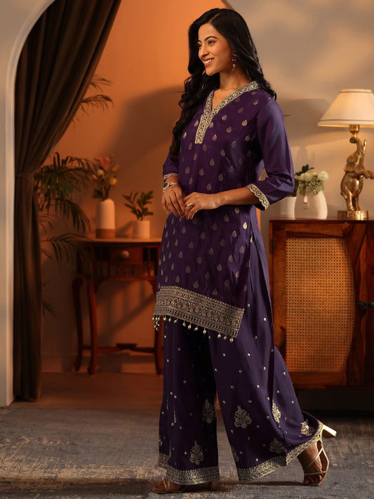 Libas Art Purple Woven Design Silk Blend Straight Suit Set With Dupatta