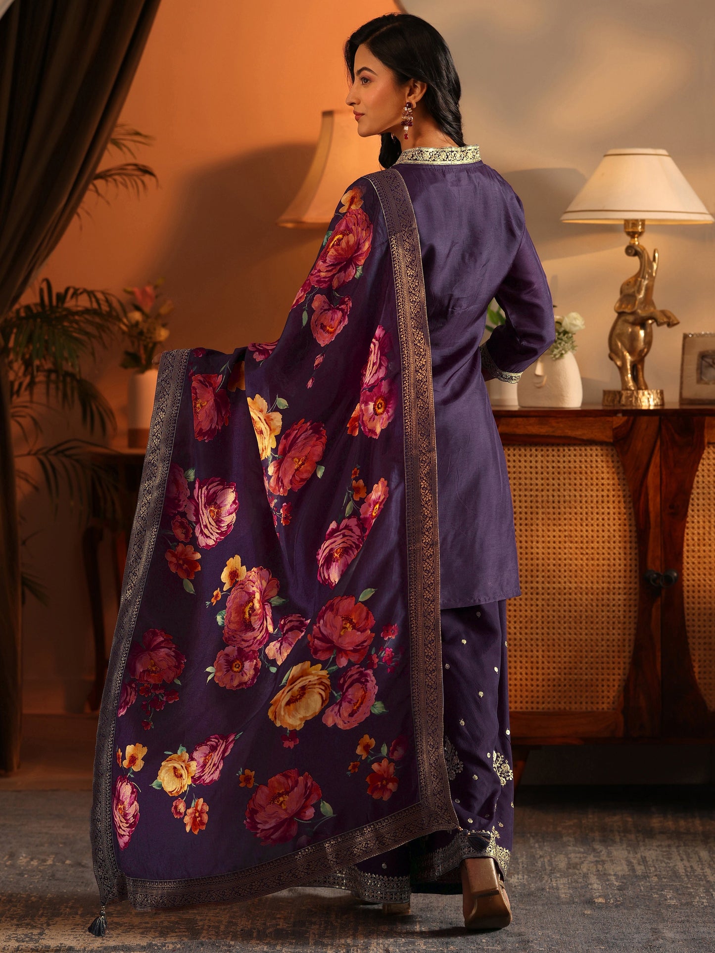 Libas Art Purple Woven Design Silk Blend Straight Suit Set With Dupatta