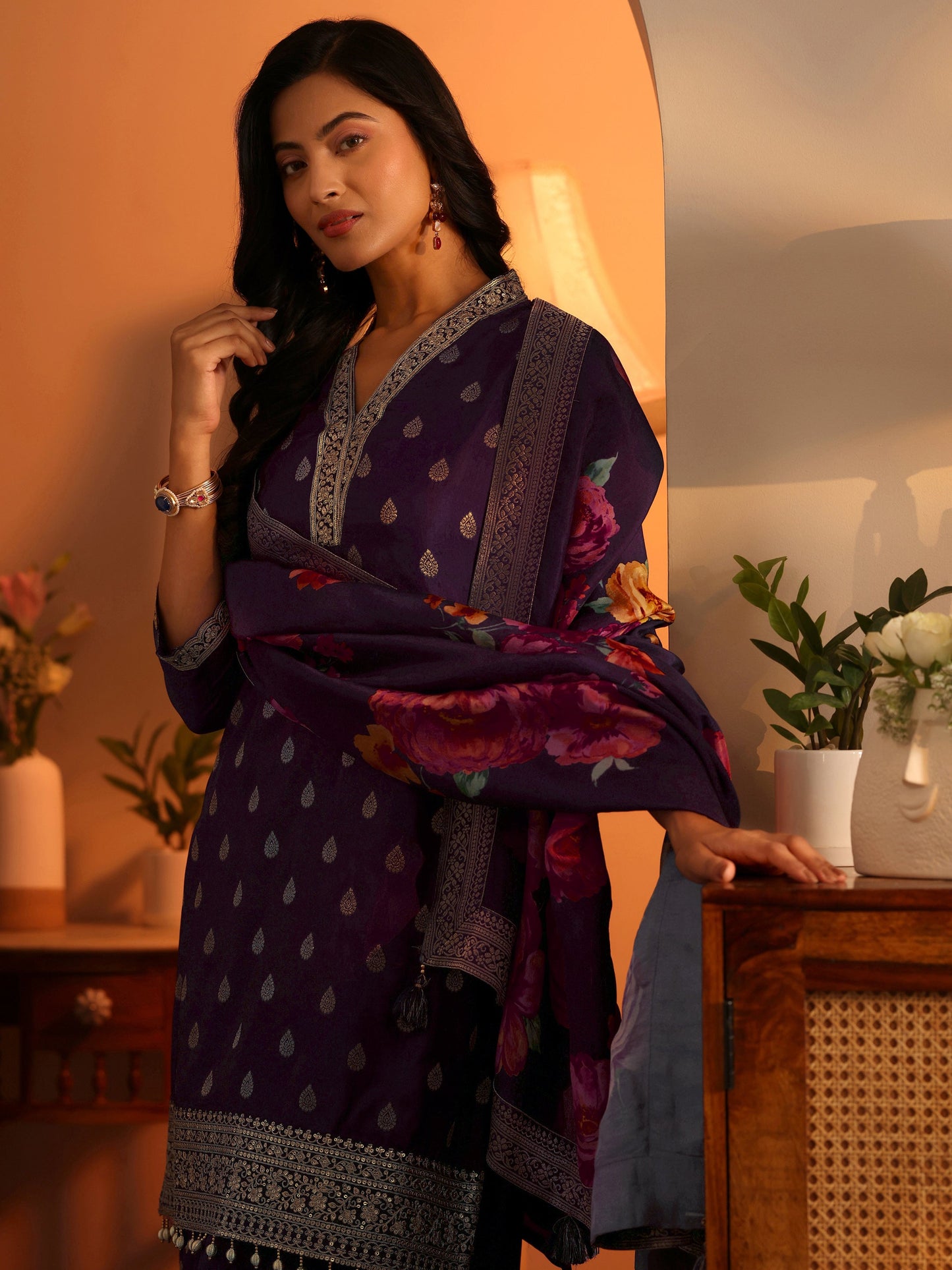 Libas Art Purple Woven Design Silk Blend Straight Suit Set With Dupatta