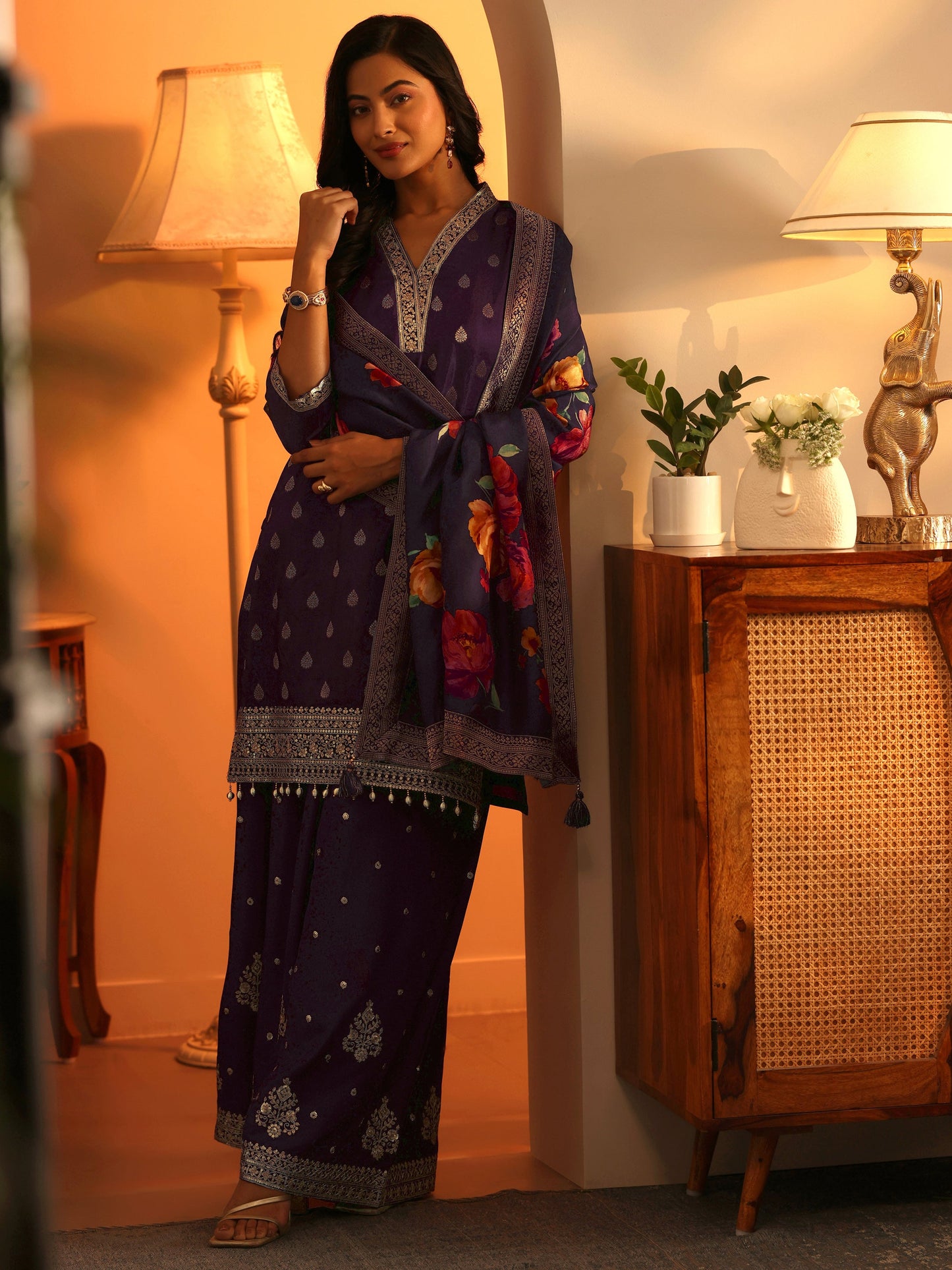 Libas Art Purple Woven Design Silk Blend Straight Suit Set With Dupatta