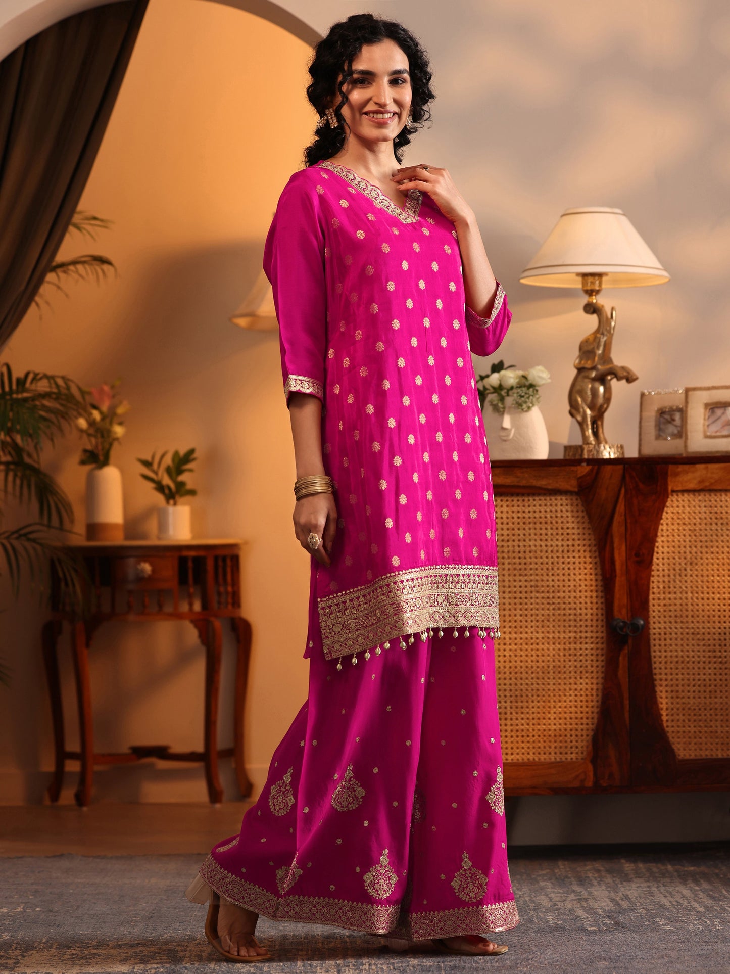 Libas Art Pink Woven Design Silk Blend Straight Suit Set With Dupatta