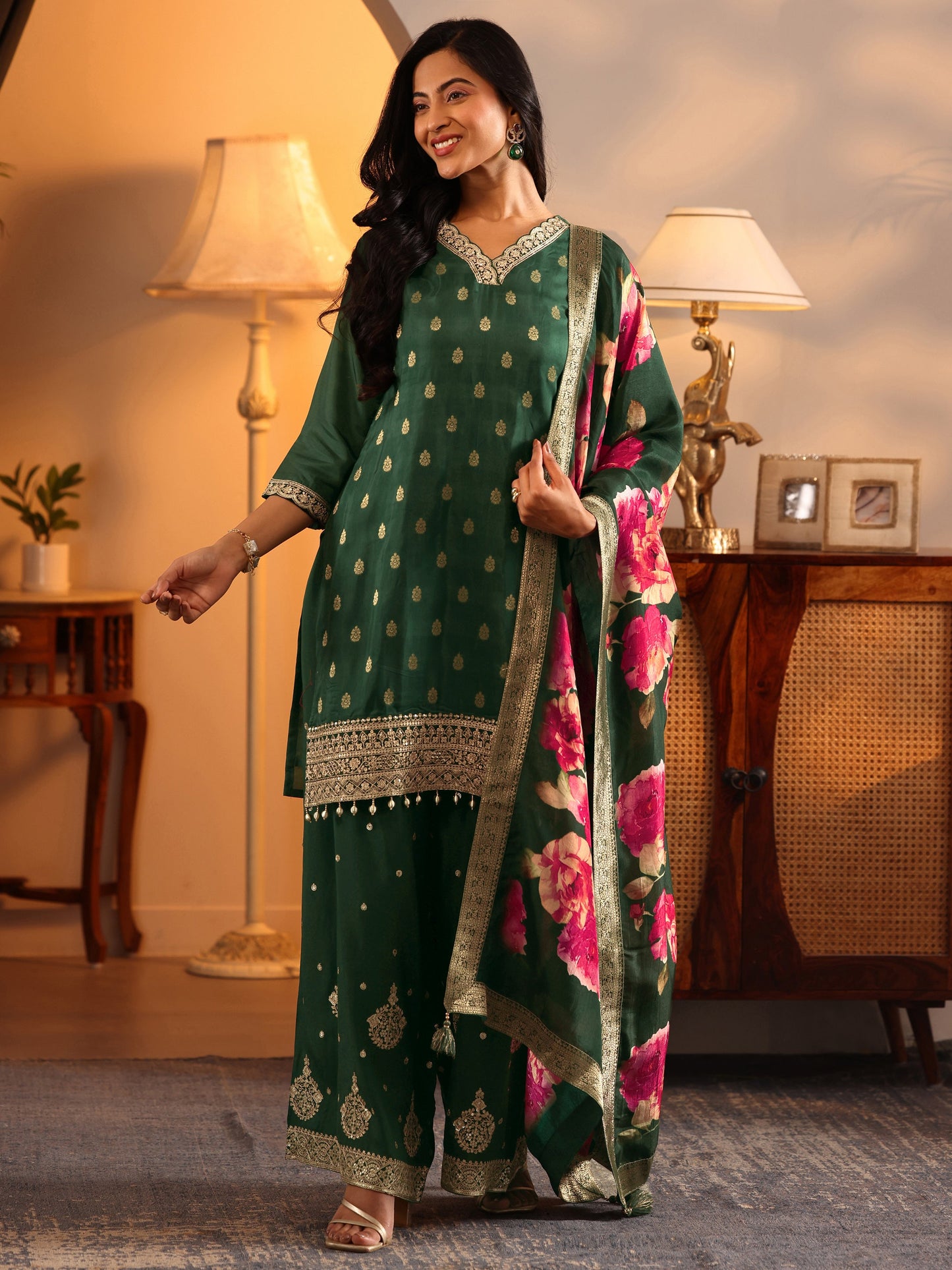 Libas Art Green Woven Design Silk Blend Straight Suit Set With Dupatta