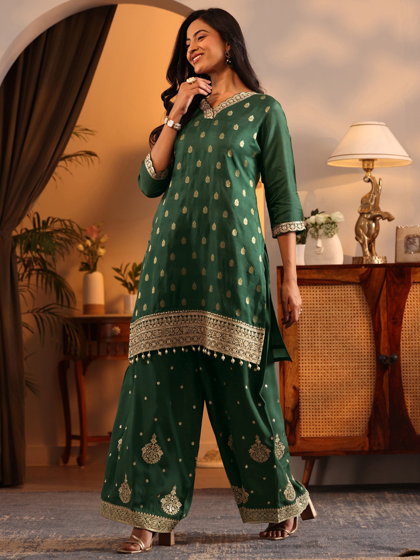 Libas Art Green Woven Design Silk Blend Straight Suit Set With Dupatta