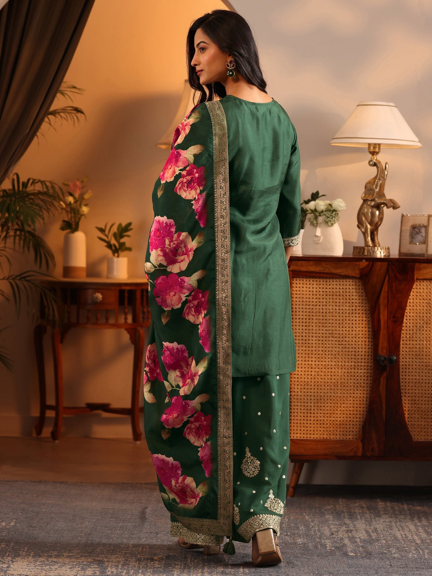 Libas Art Green Woven Design Silk Blend Straight Suit Set With Dupatta