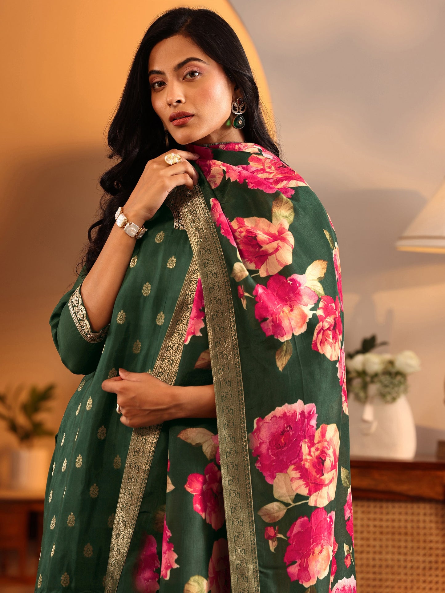 Libas Art Green Woven Design Silk Blend Straight Suit Set With Dupatta