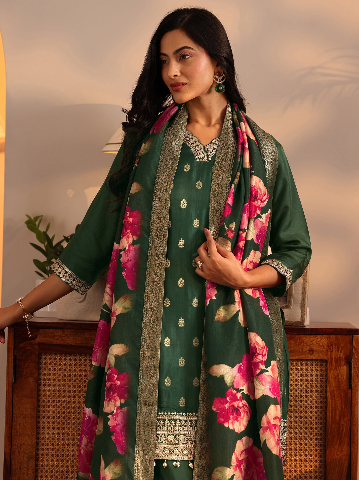 Libas Art Green Woven Design Silk Blend Straight Suit Set With Dupatta