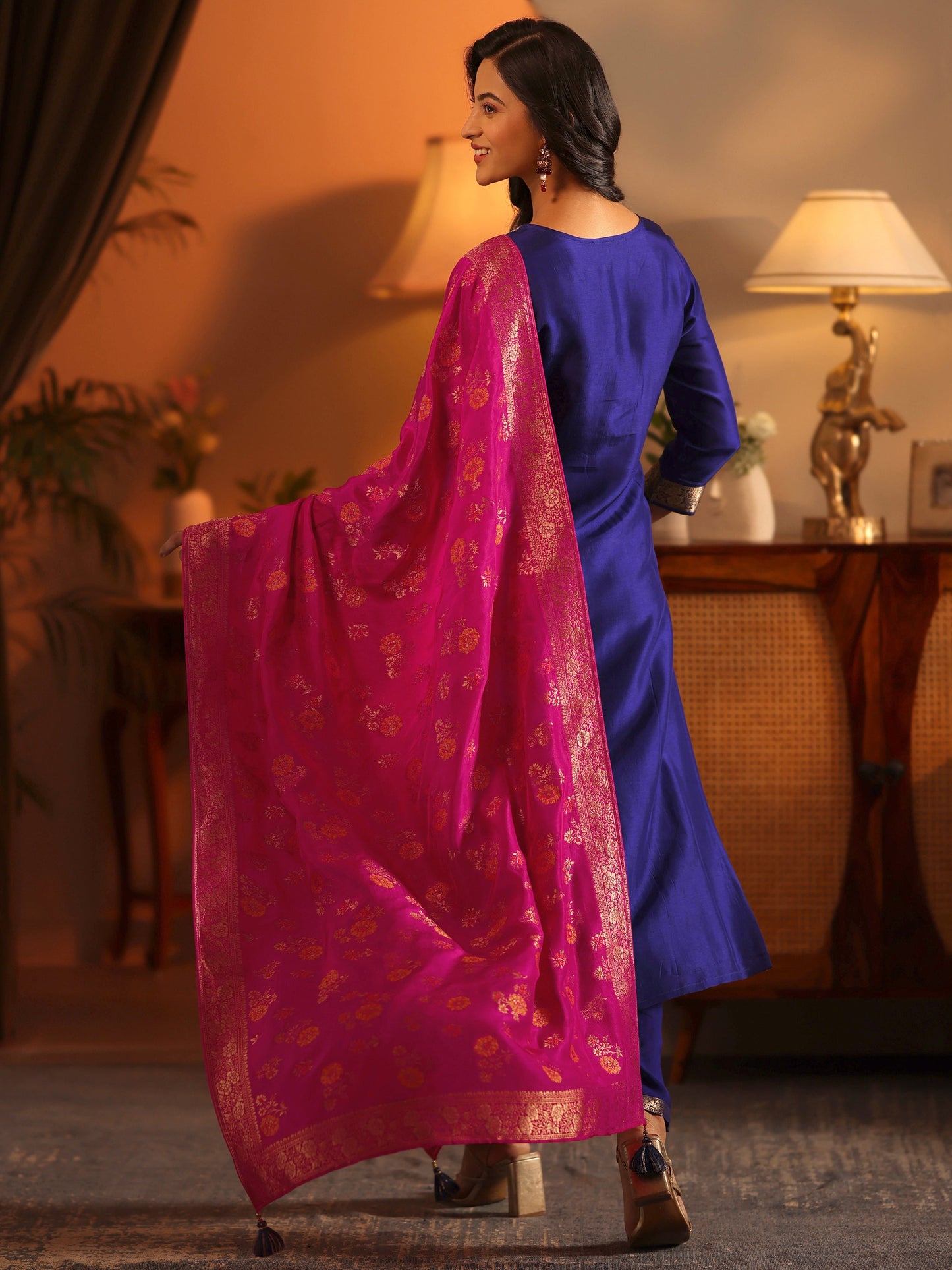 Libas Art Navy Blue Woven Design Silk Blend Straight Suit Set With Dupatta