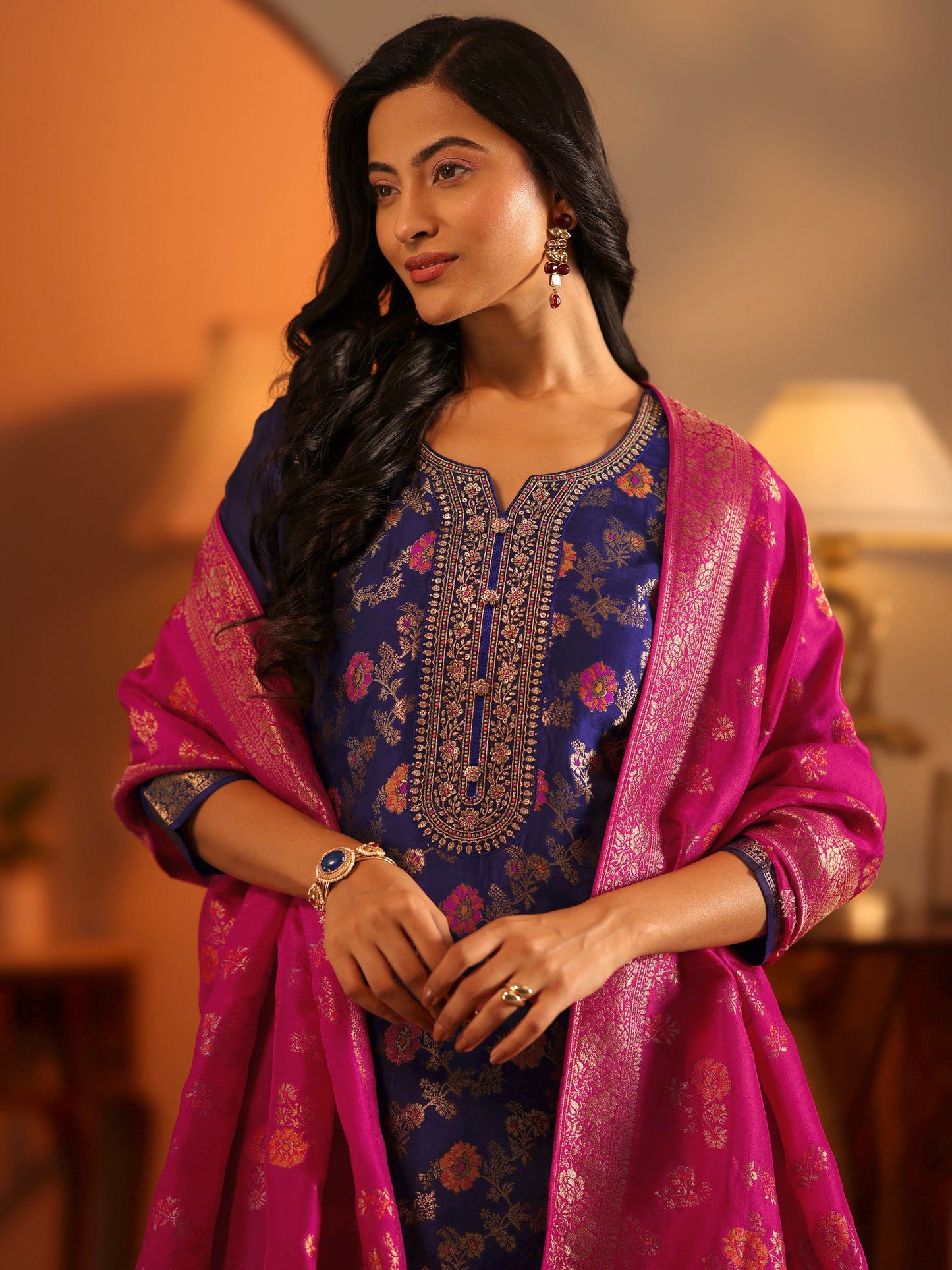 Libas Art Navy Blue Woven Design Silk Blend Straight Suit Set With Dupatta