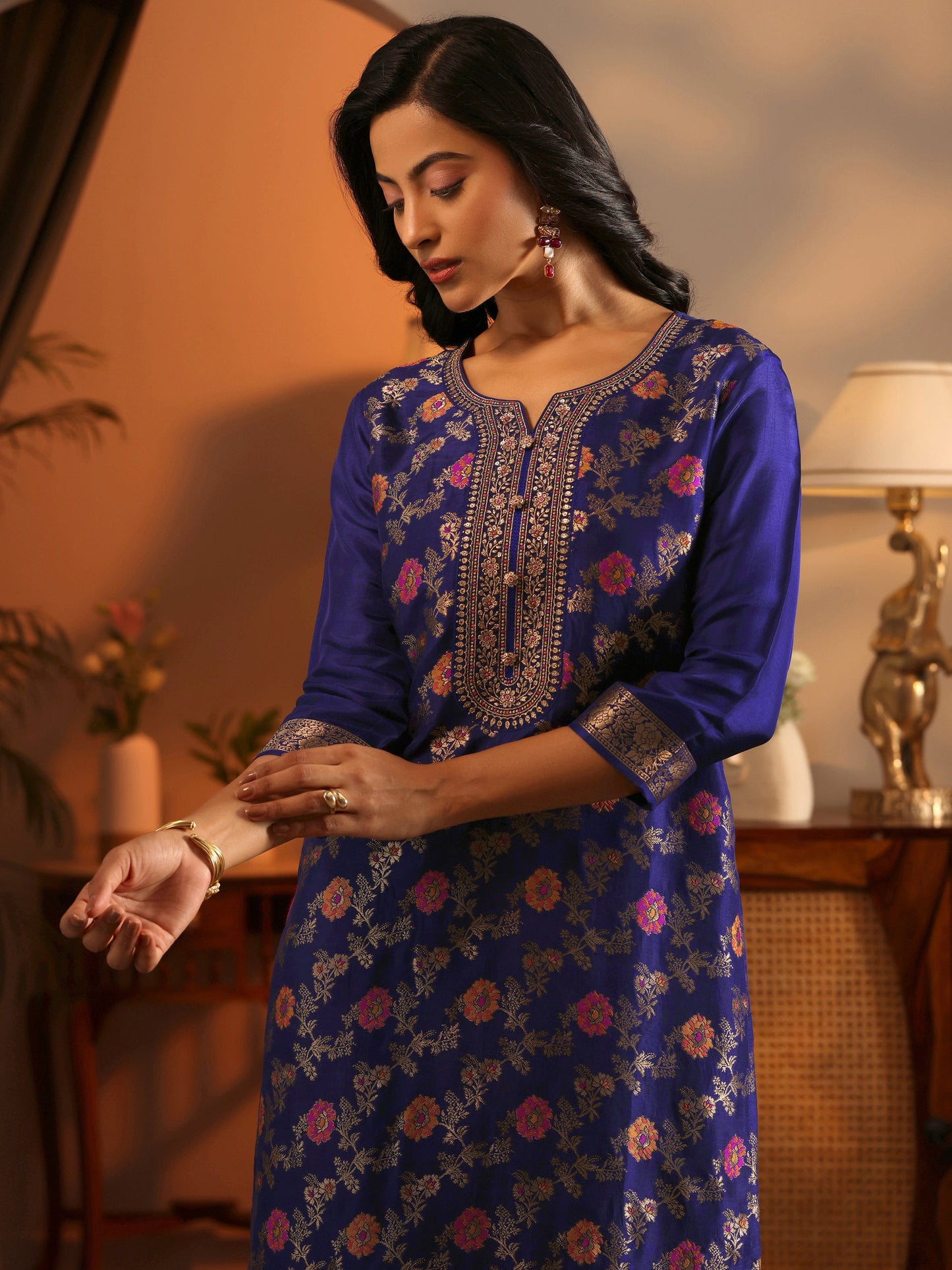 Libas Art Navy Blue Woven Design Silk Blend Straight Suit Set With Dupatta