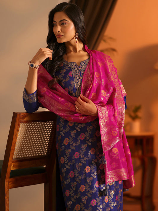 Libas Art Navy Blue Woven Design Silk Blend Straight Suit Set With Dupatta