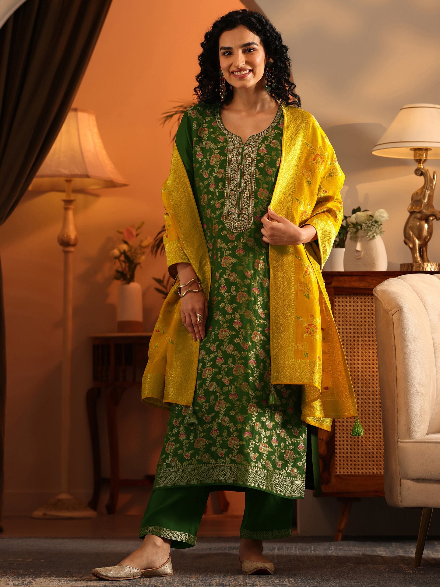 Libas Art Green Woven Design Silk Blend Straight Suit Set With Dupatta