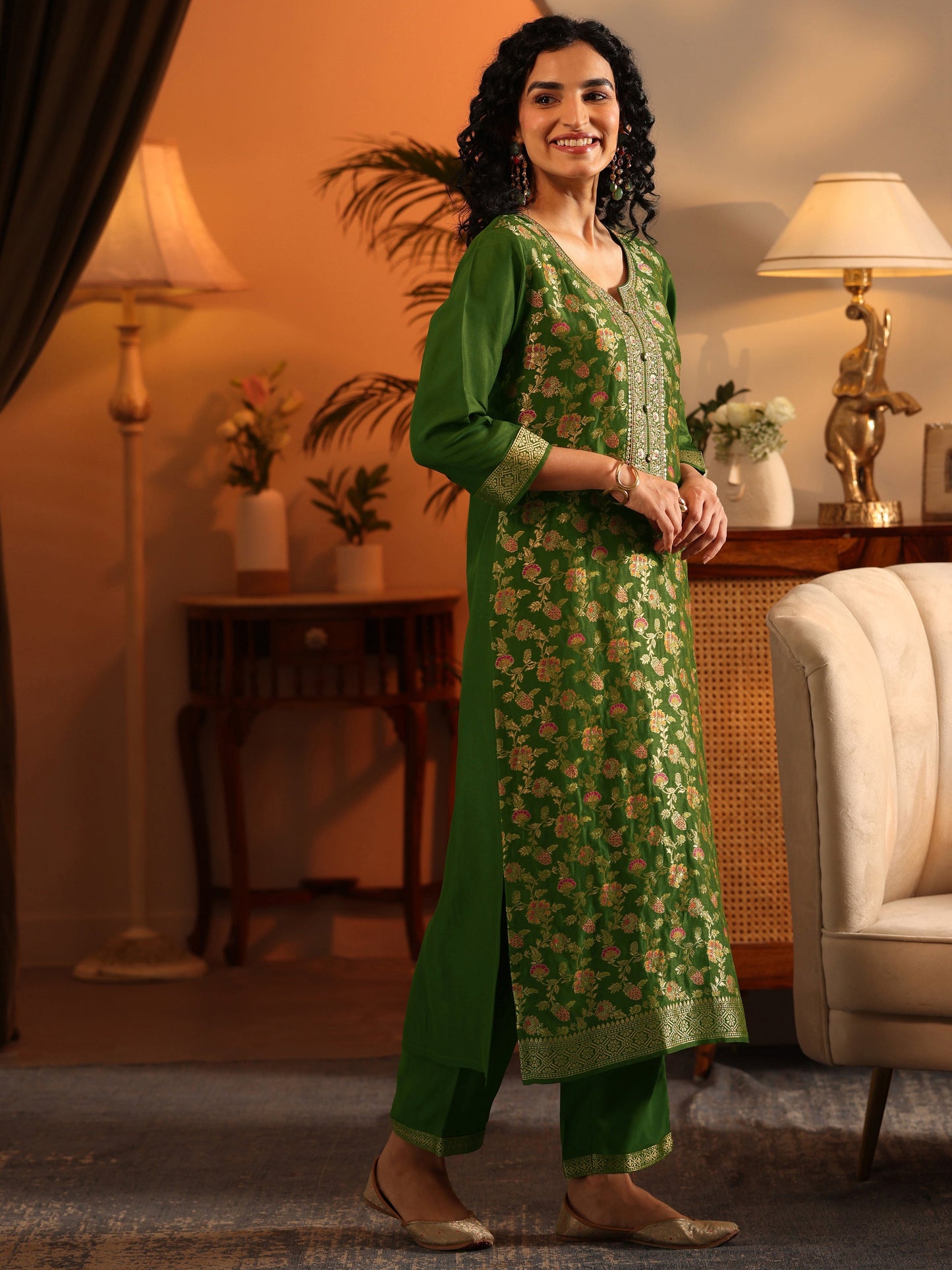 Libas Art Green Woven Design Silk Blend Straight Suit Set With Dupatta