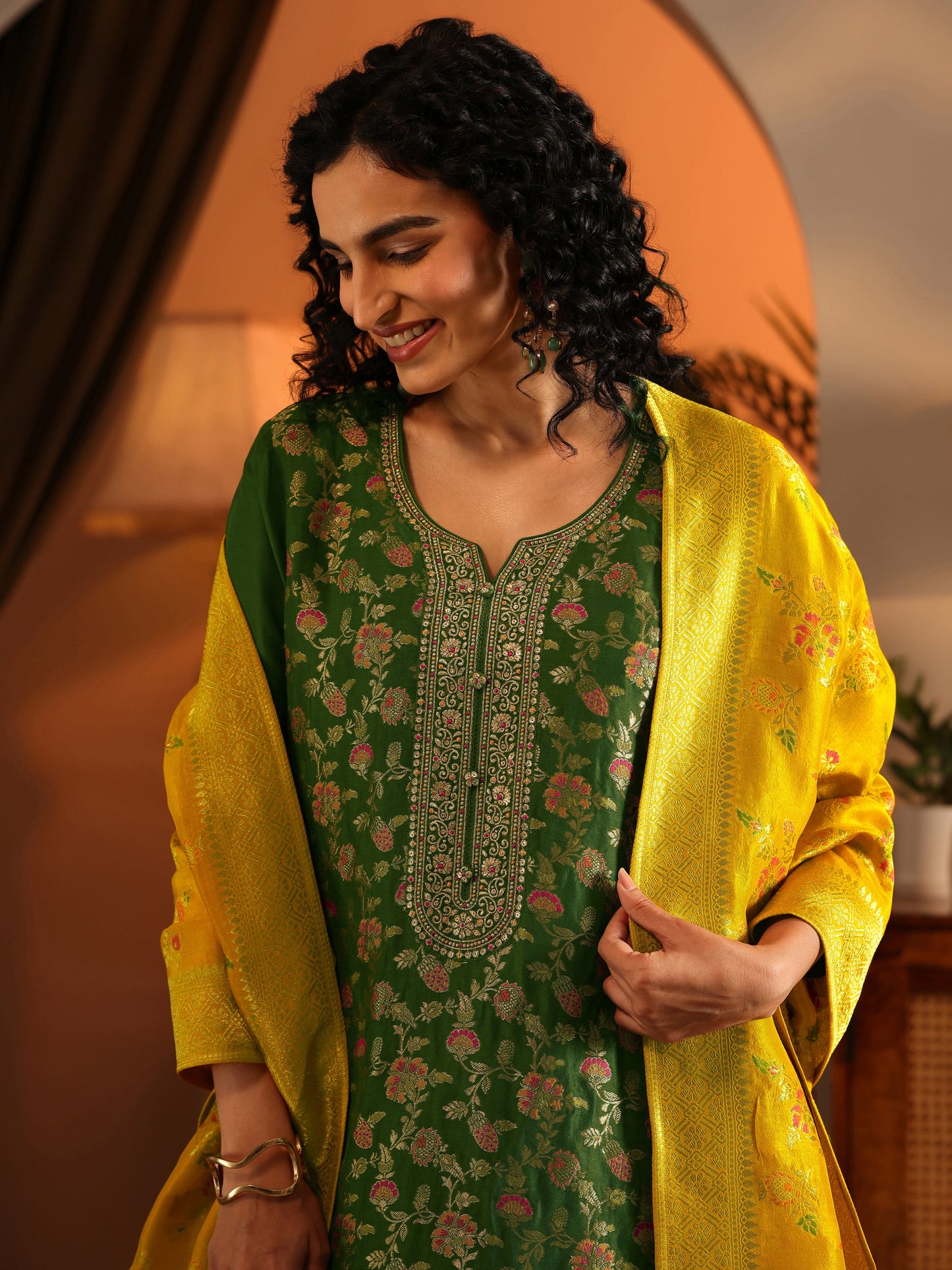 Libas Art Green Woven Design Silk Blend Straight Suit Set With Dupatta