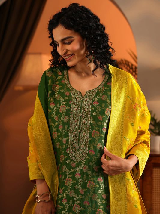 Libas Art Green Woven Design Silk Blend Straight Suit Set With Dupatta