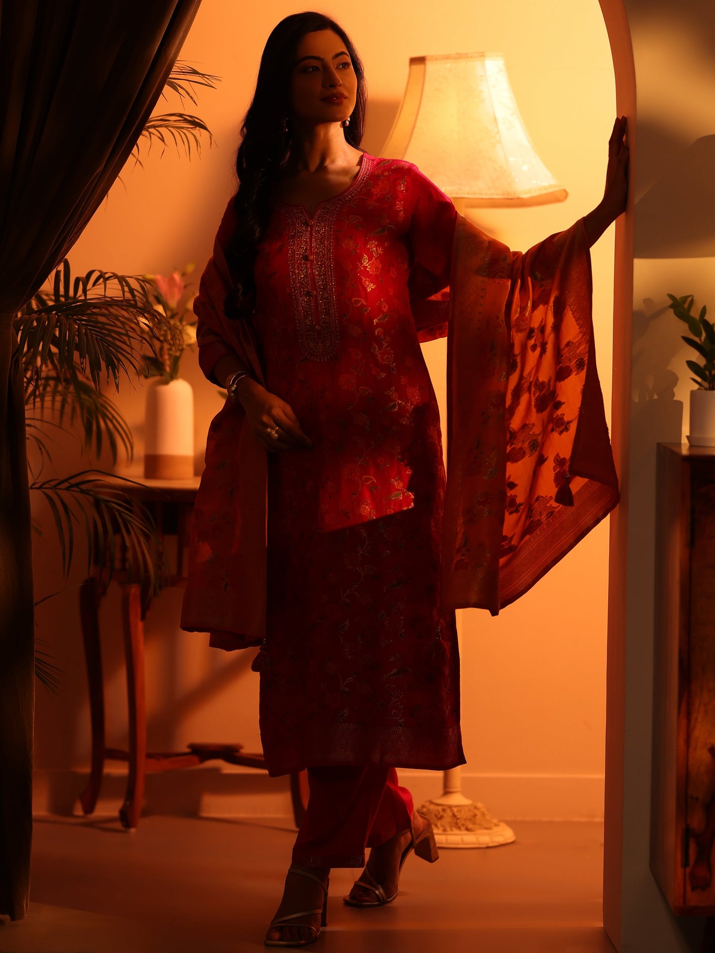 Libas Art Pink Woven Design Silk Blend Straight Suit Set With Dupatta