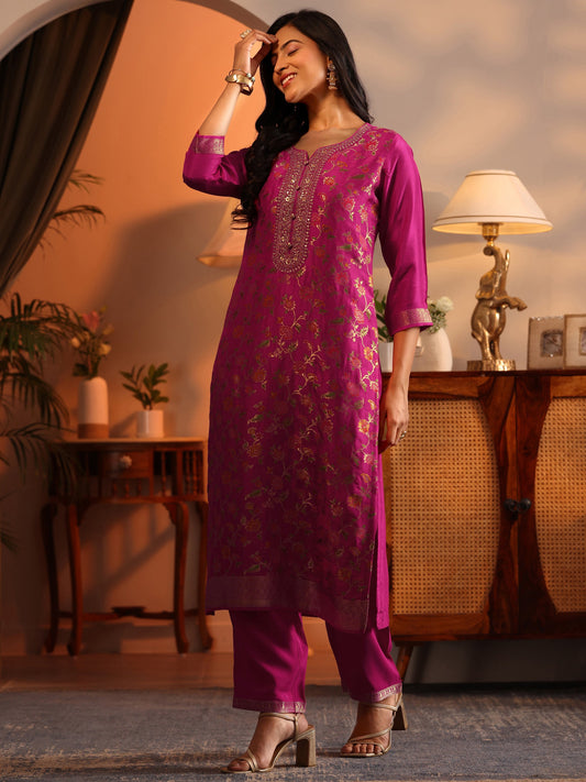 Libas Art Pink Woven Design Silk Blend Straight Suit Set With Dupatta
