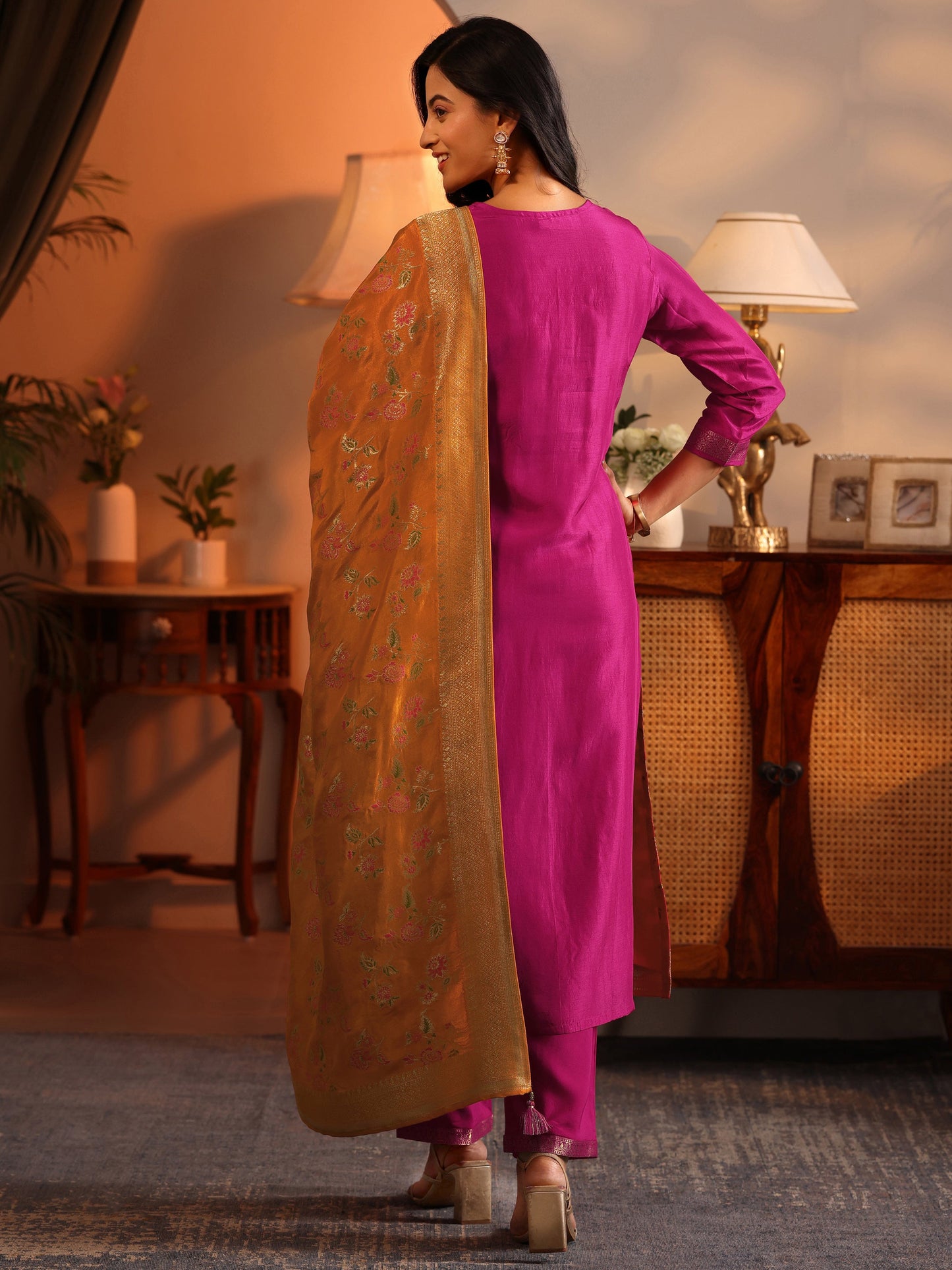 Libas Art Pink Woven Design Silk Blend Straight Suit Set With Dupatta