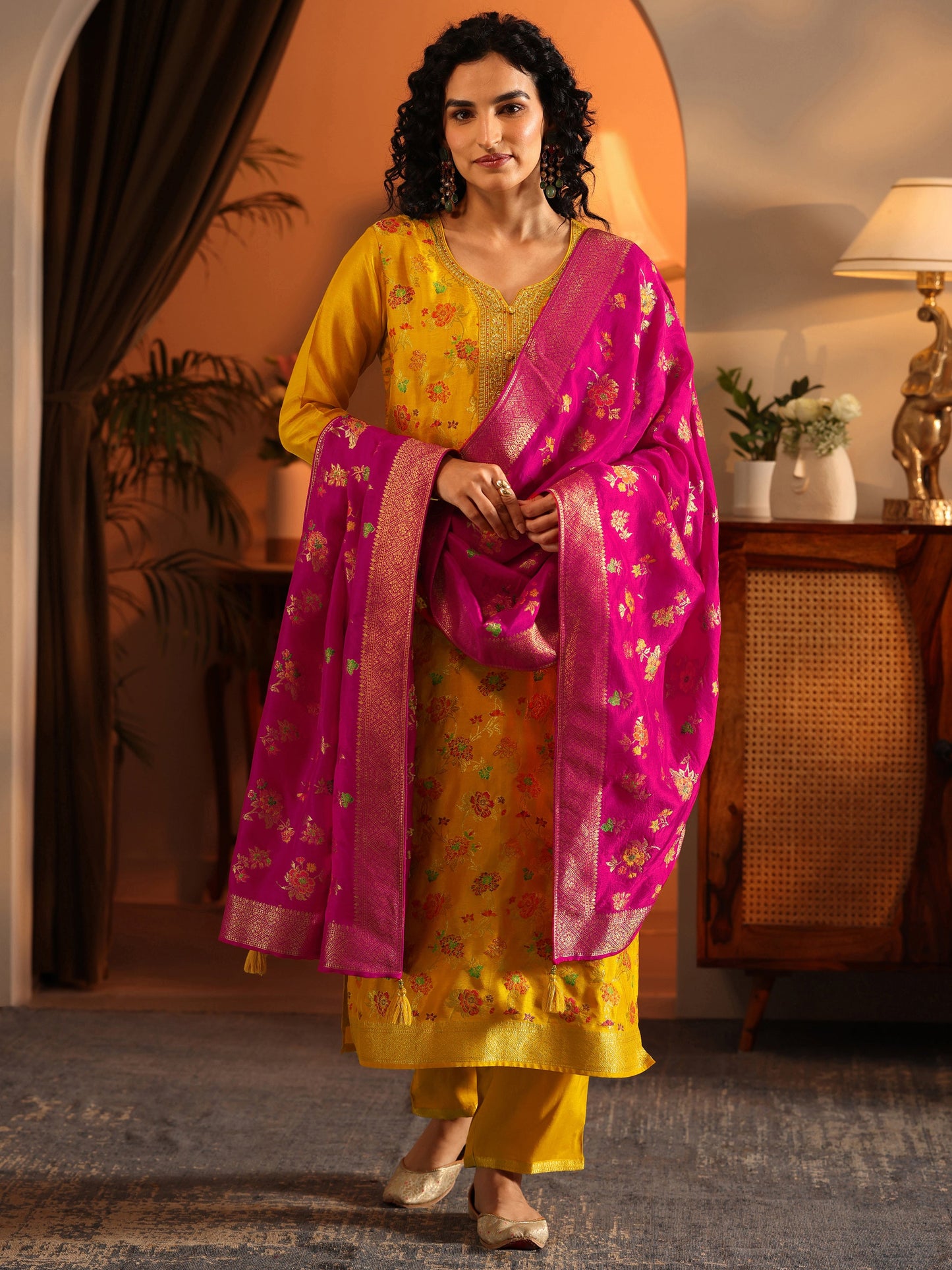 Libas Art Mustard Woven Design Silk Blend Straight Suit Set With Dupatta