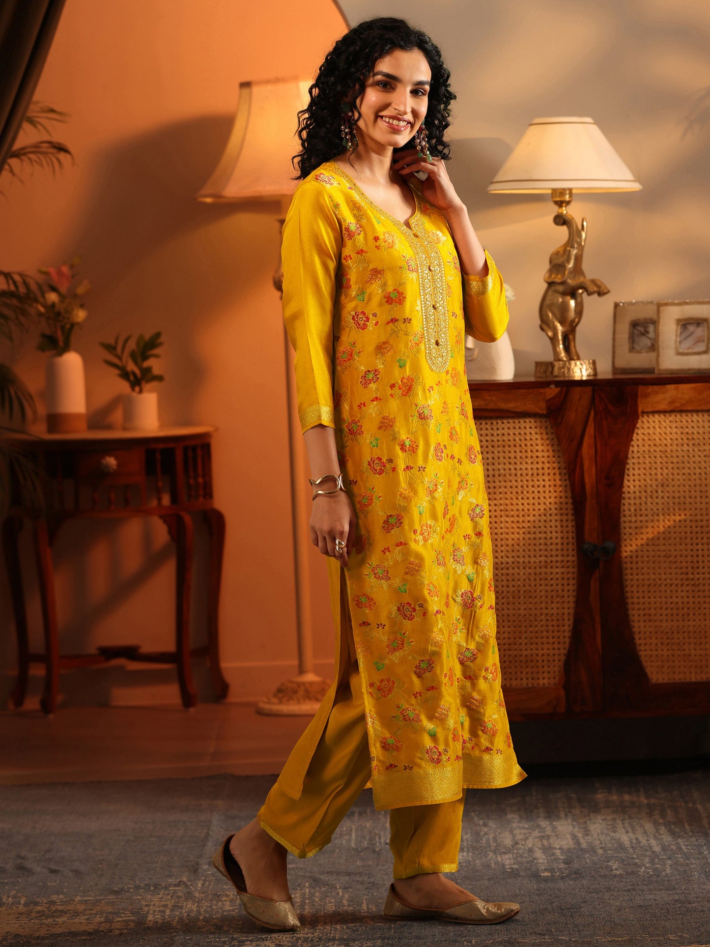 Libas Art Mustard Woven Design Silk Blend Straight Suit Set With Dupatta
