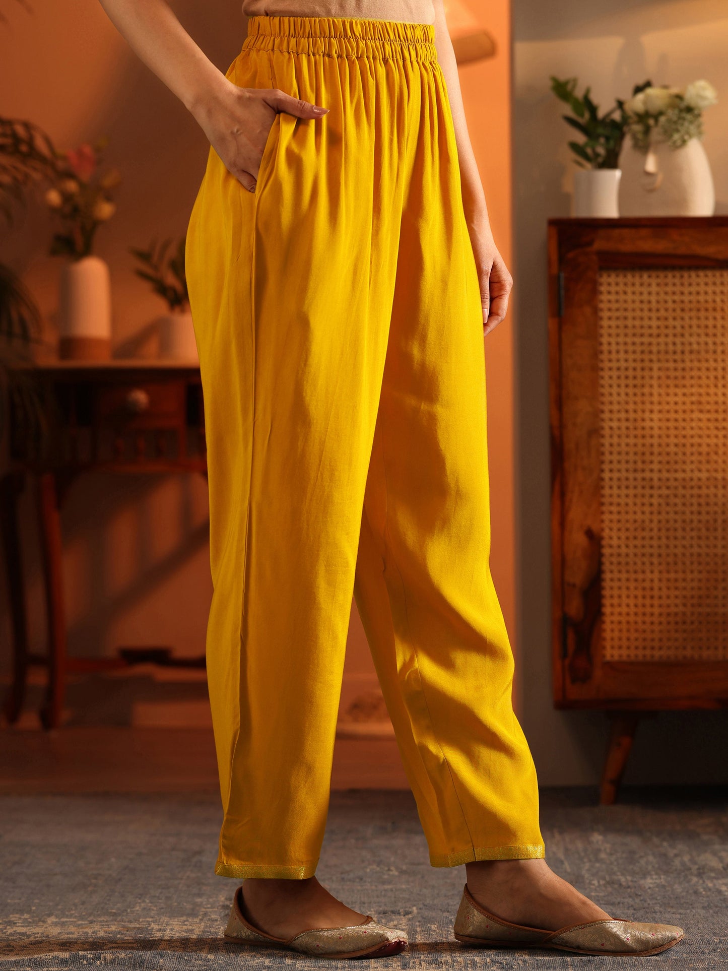 Libas Art Mustard Woven Design Silk Blend Straight Suit Set With Dupatta