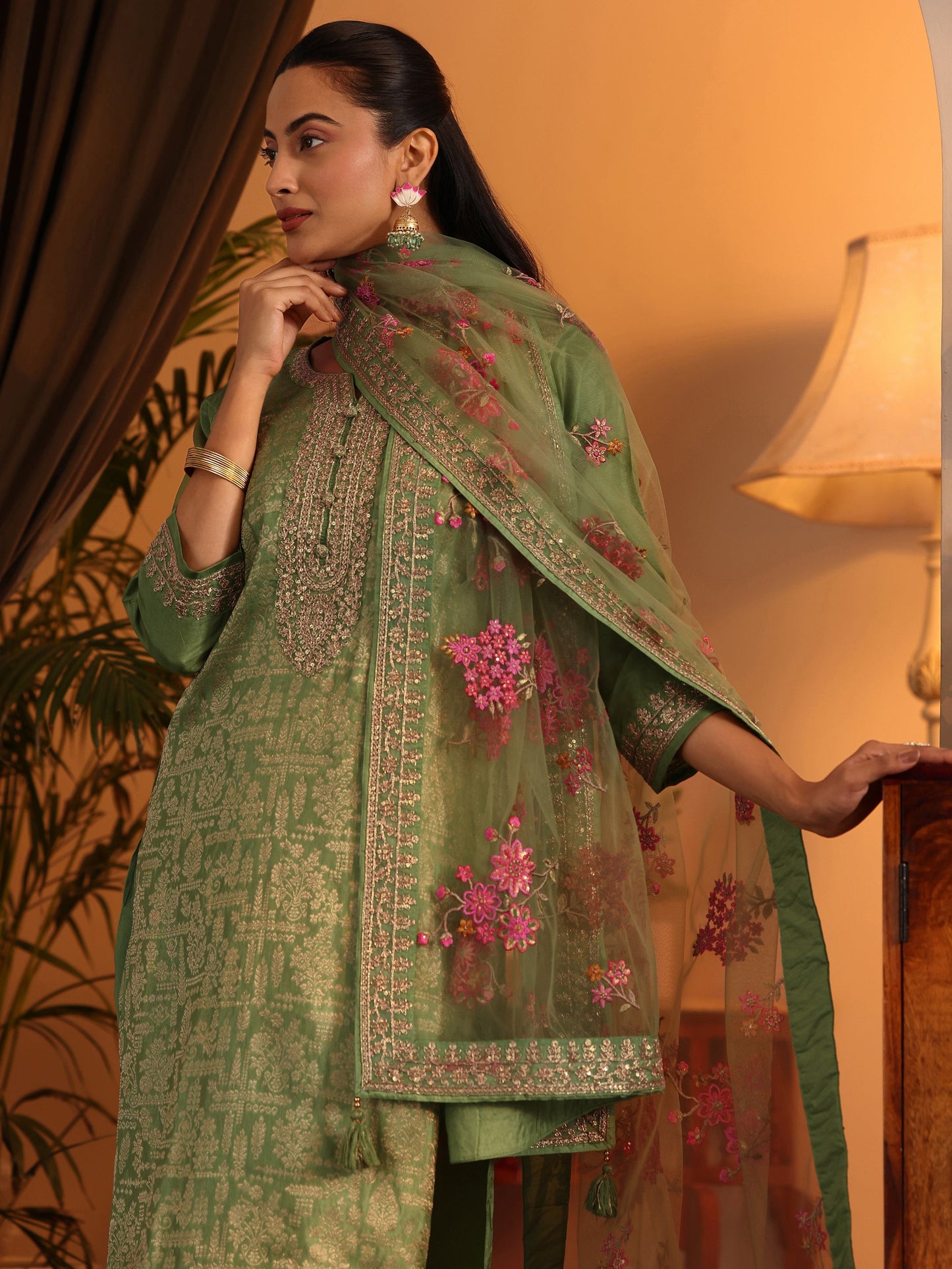 Libas Art Green Woven Design Silk Blend Straight Suit Set With Dupatta