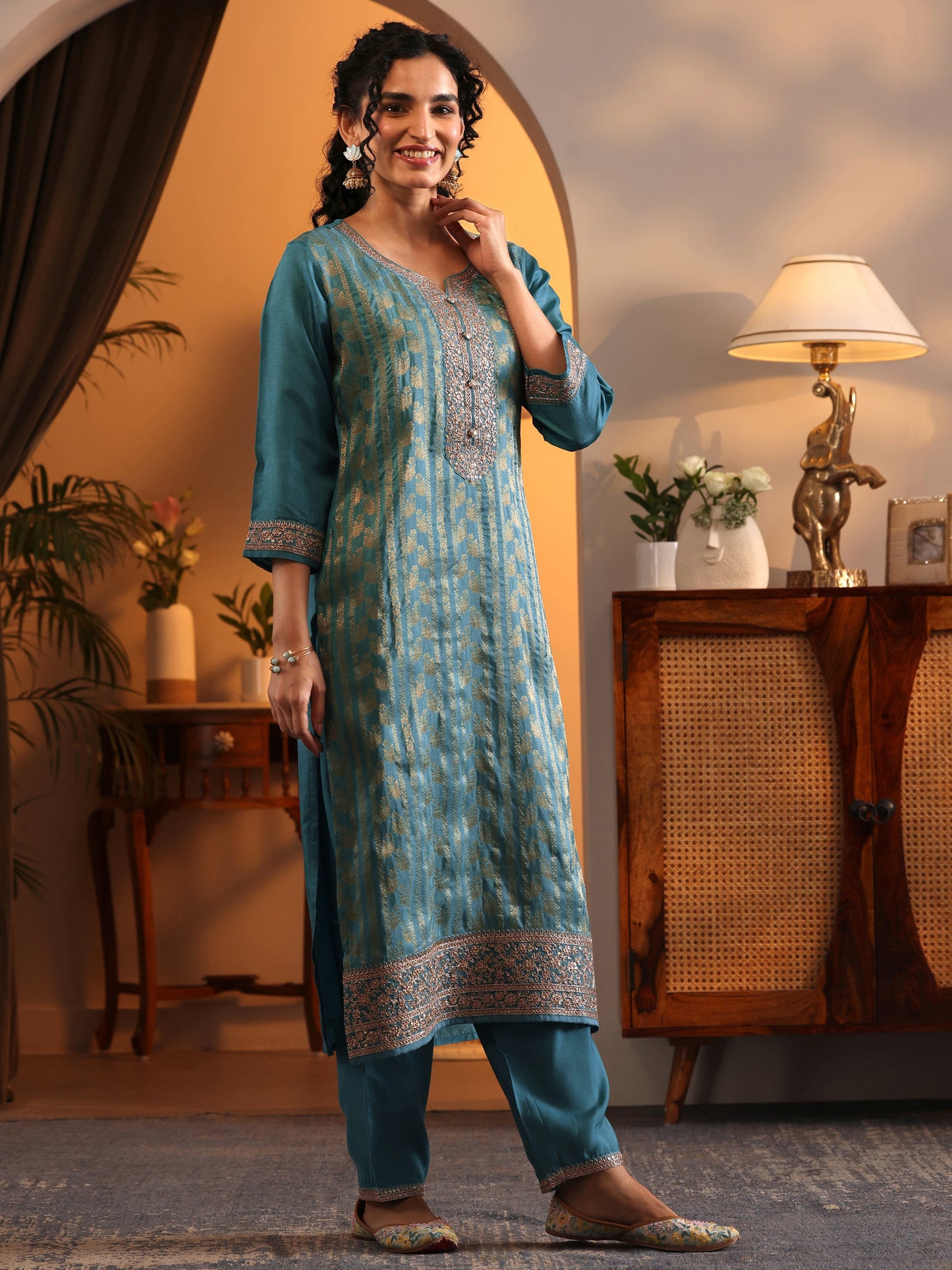 Libas Art Blue Woven Design Silk Blend Straight Suit Set With Dupatta