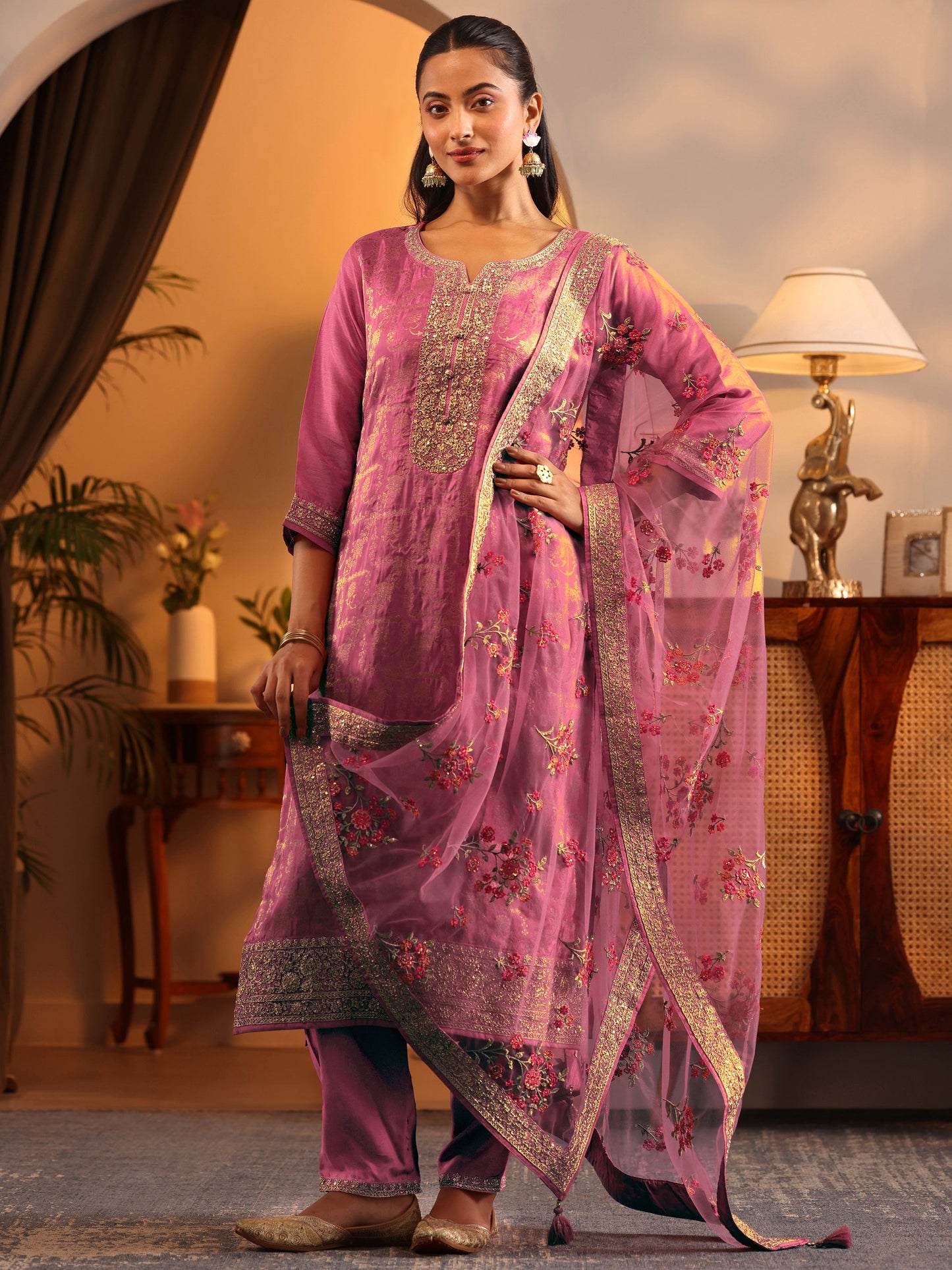 Libas Art Pink Woven Design Silk Blend Straight Suit Set With Dupatta