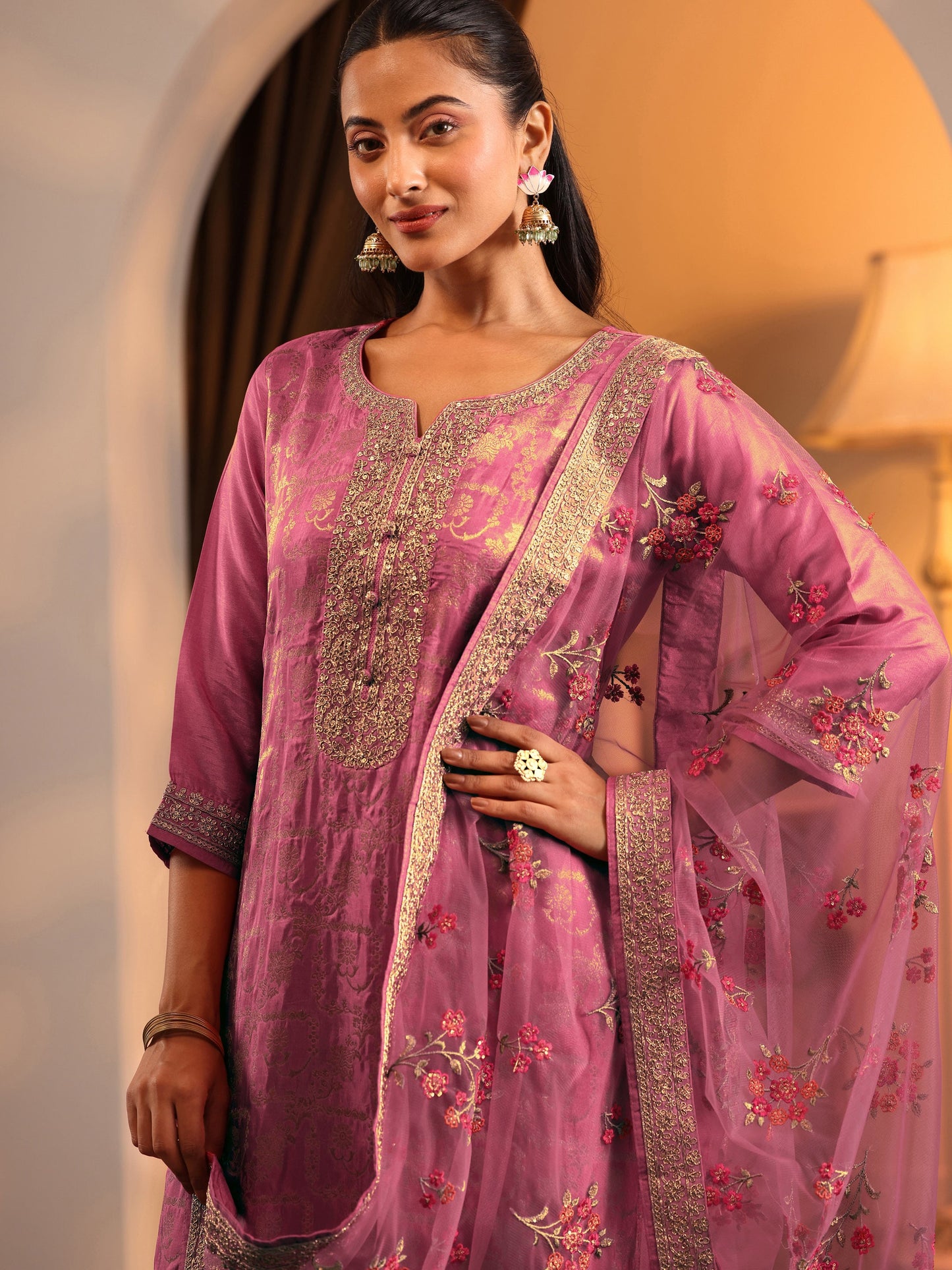 Libas Art Pink Woven Design Silk Blend Straight Suit Set With Dupatta