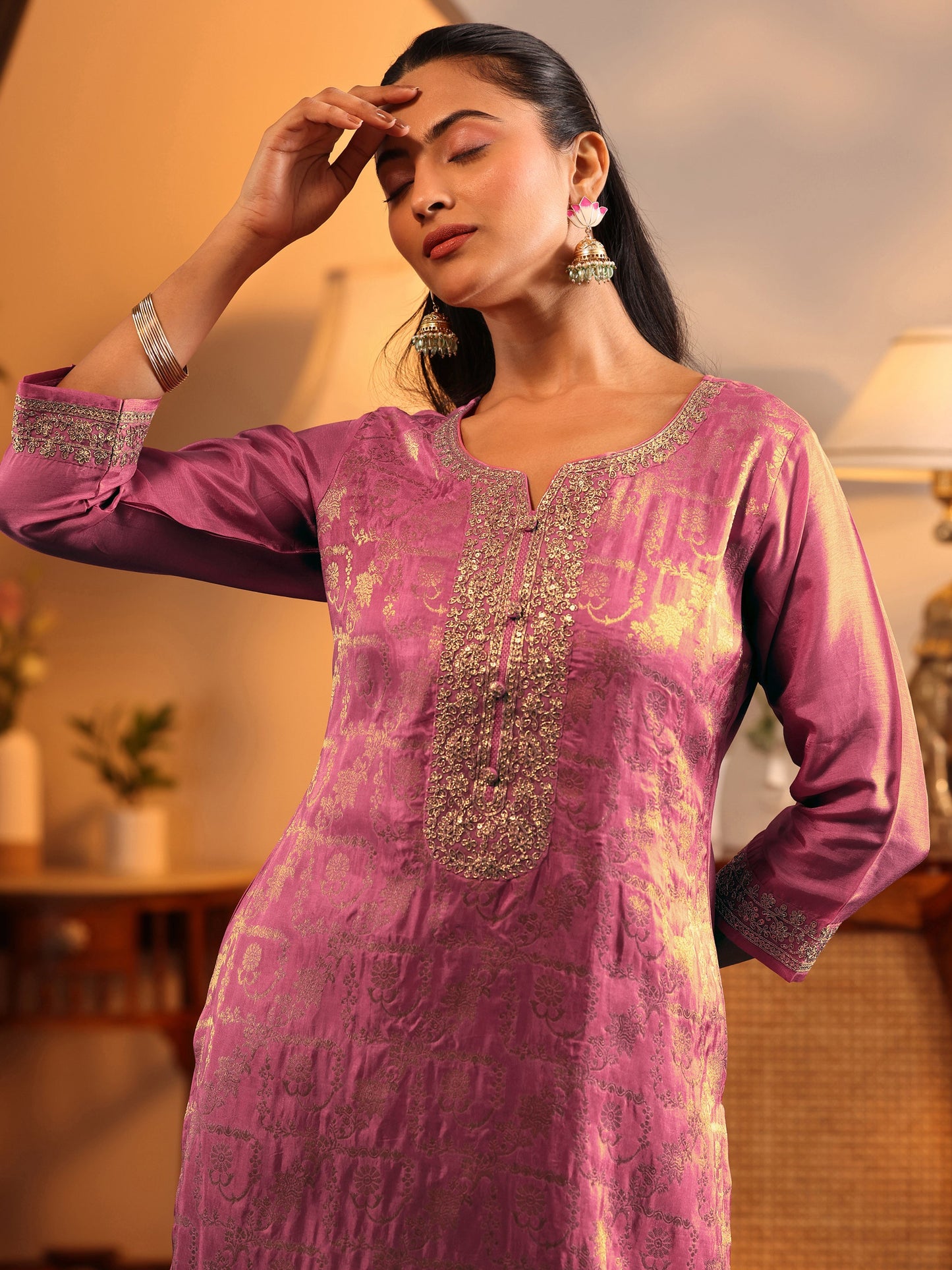 Libas Art Pink Woven Design Silk Blend Straight Suit Set With Dupatta