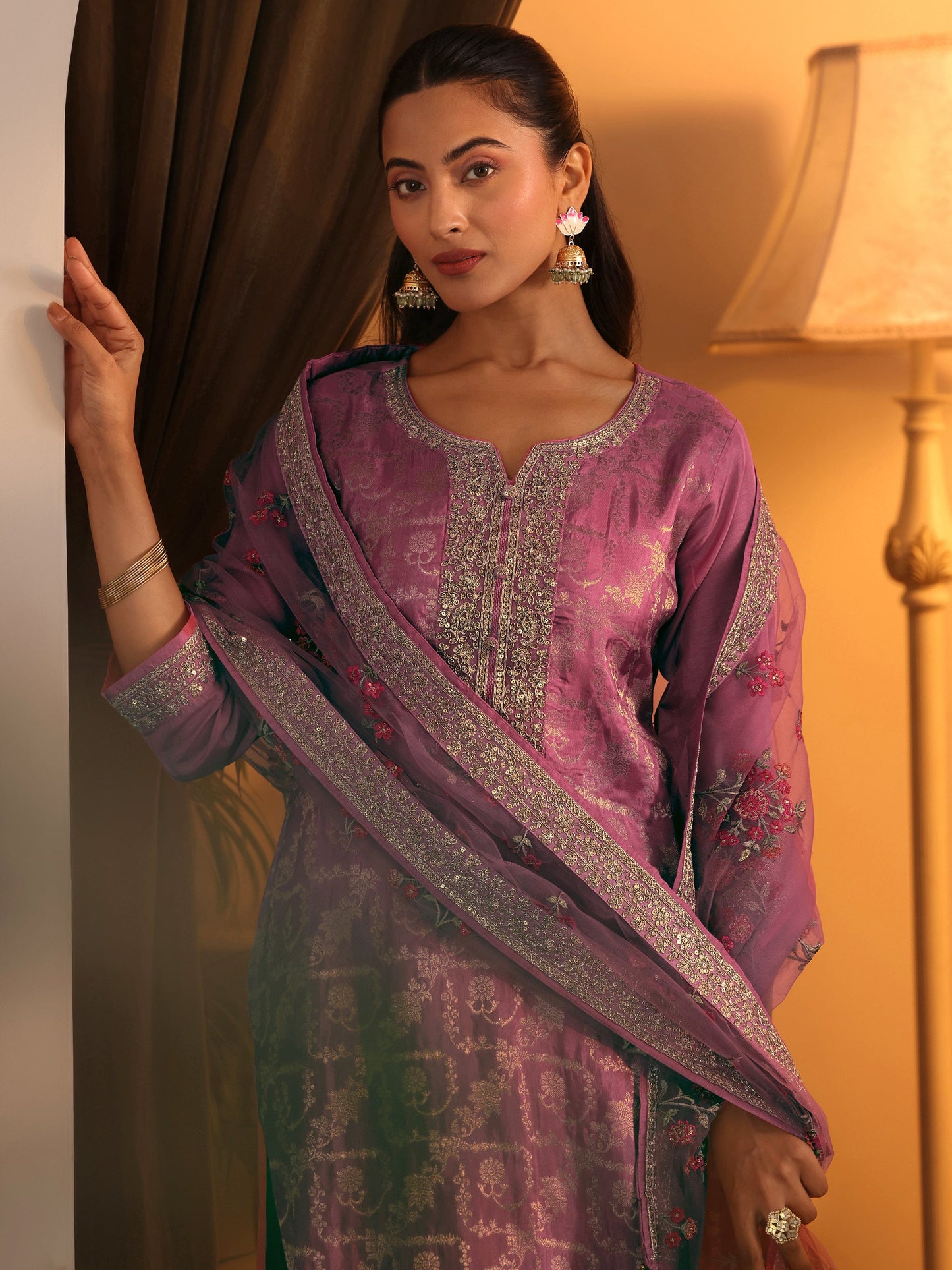 Libas Art Pink Woven Design Silk Blend Straight Suit Set With Dupatta