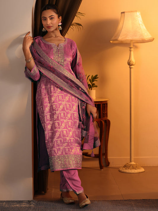 Libas Art Pink Woven Design Silk Blend Straight Suit Set With Dupatta
