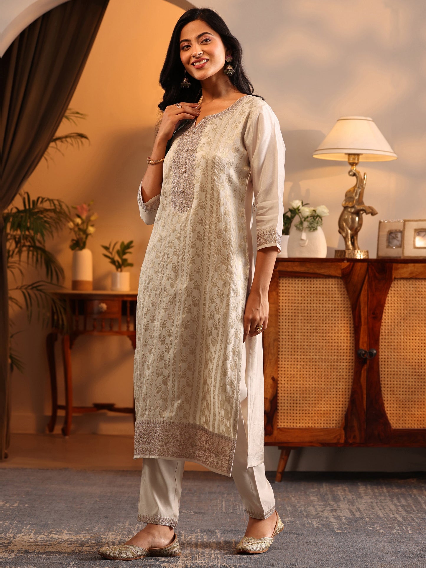 Libas Art Off White Woven Design Silk Blend Straight Suit Set With Dupatta