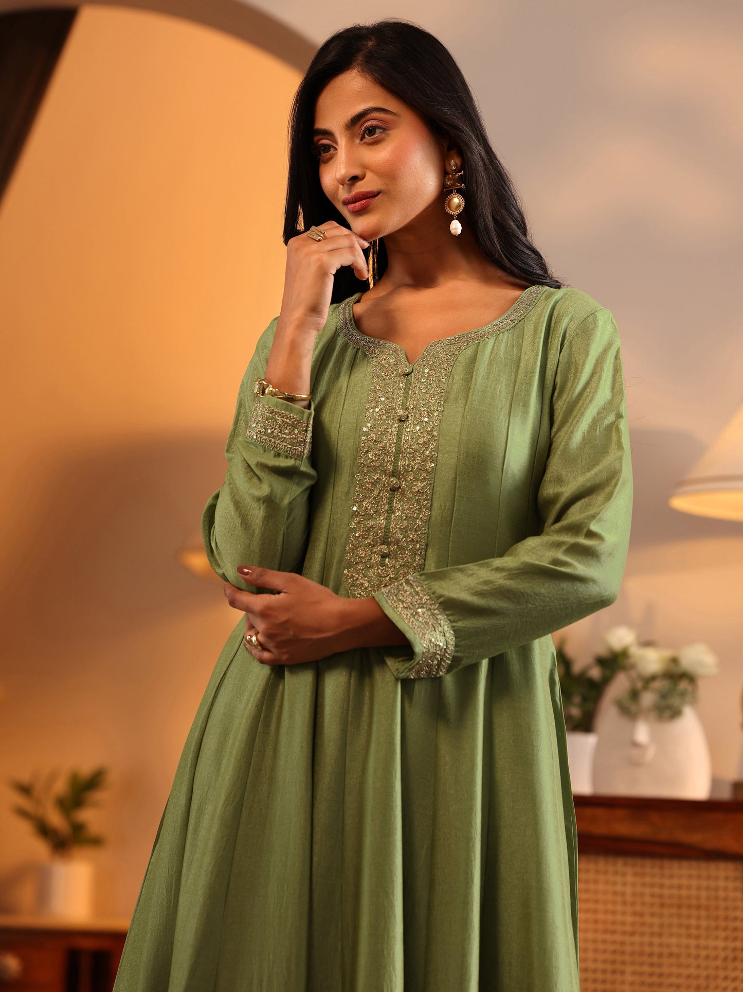 Libas Art Green Embroidered Silk Blend Anarkali Suit Set With Dupatta