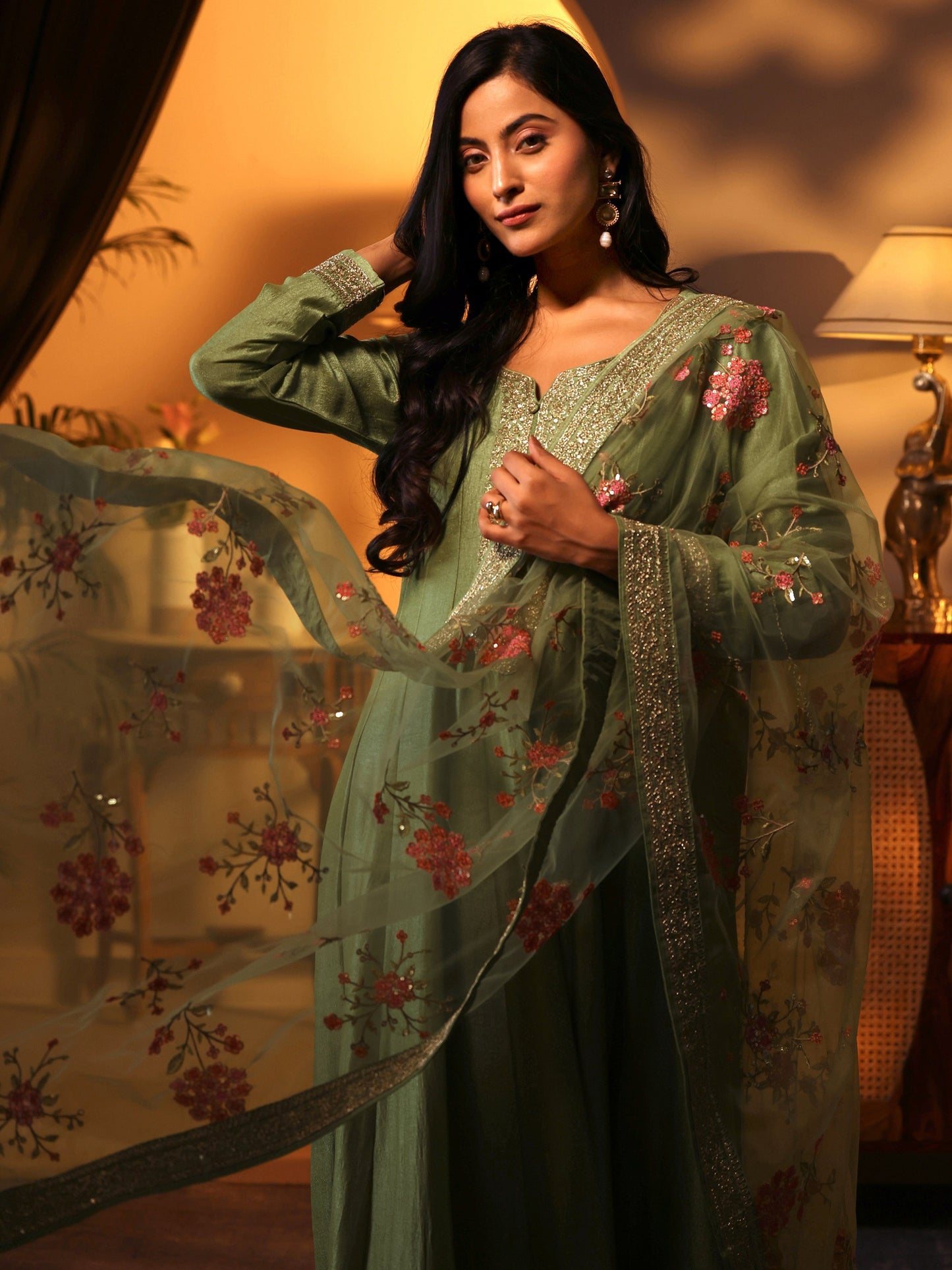 Libas Art Green Embroidered Silk Blend Anarkali Suit Set With Dupatta