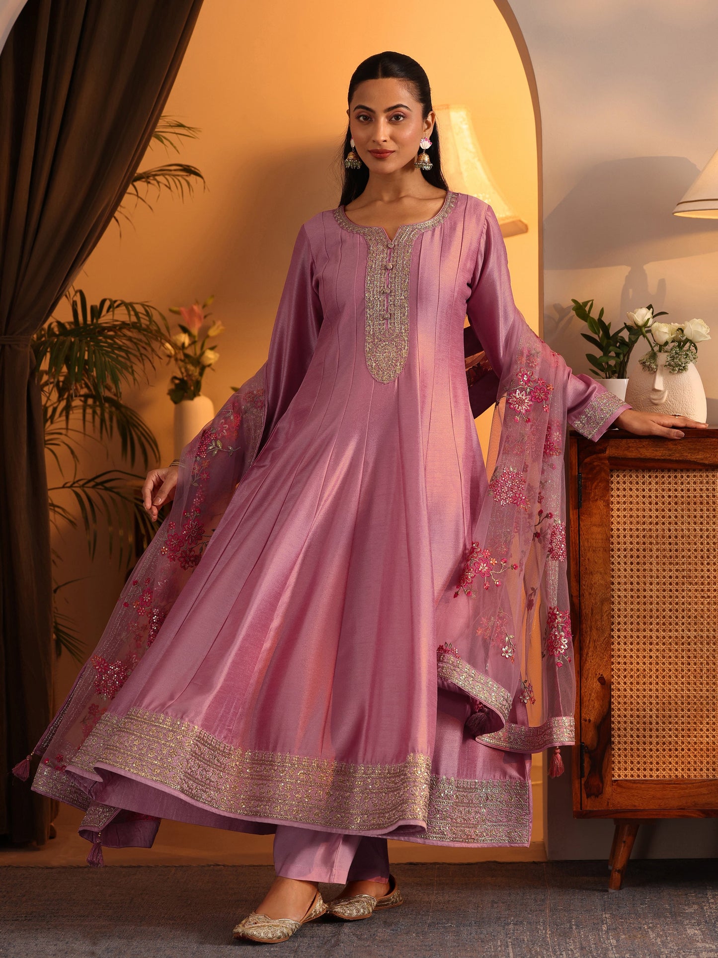 Libas Art Pink Embroidered Silk Blend Anarkali Suit Set With Dupatta