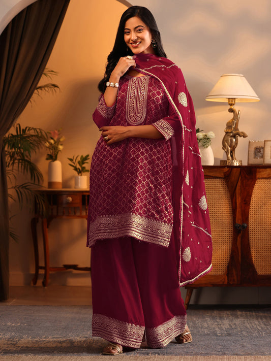 Libas Art Red Embroidered Silk Blend Straight Suit Set With Dupatta