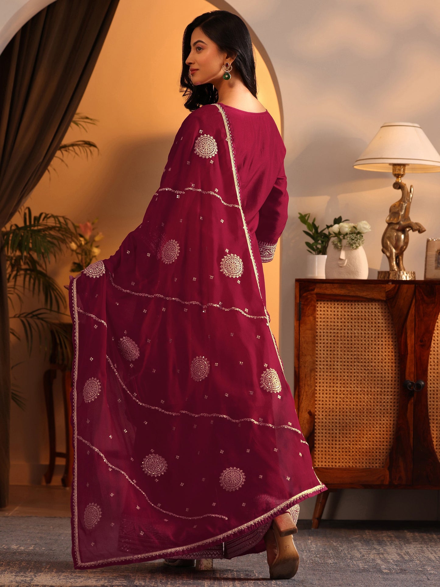 Libas Art Red Embroidered Silk Blend Straight Suit Set With Dupatta