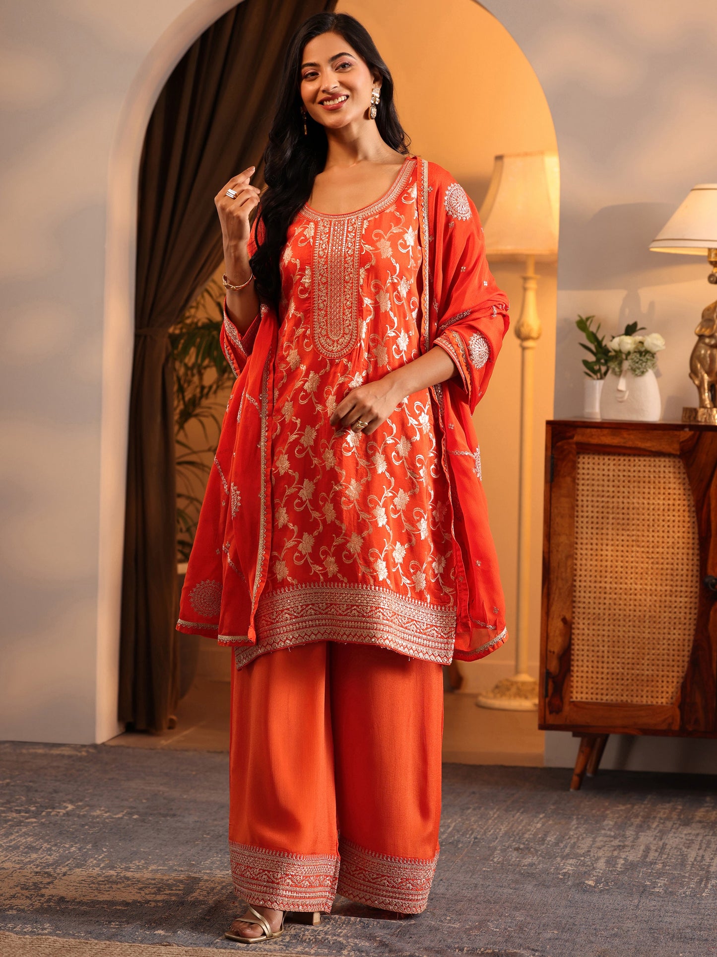 Libas Art Orange Woven Design Silk Blend Straight Suit Set With Dupatta