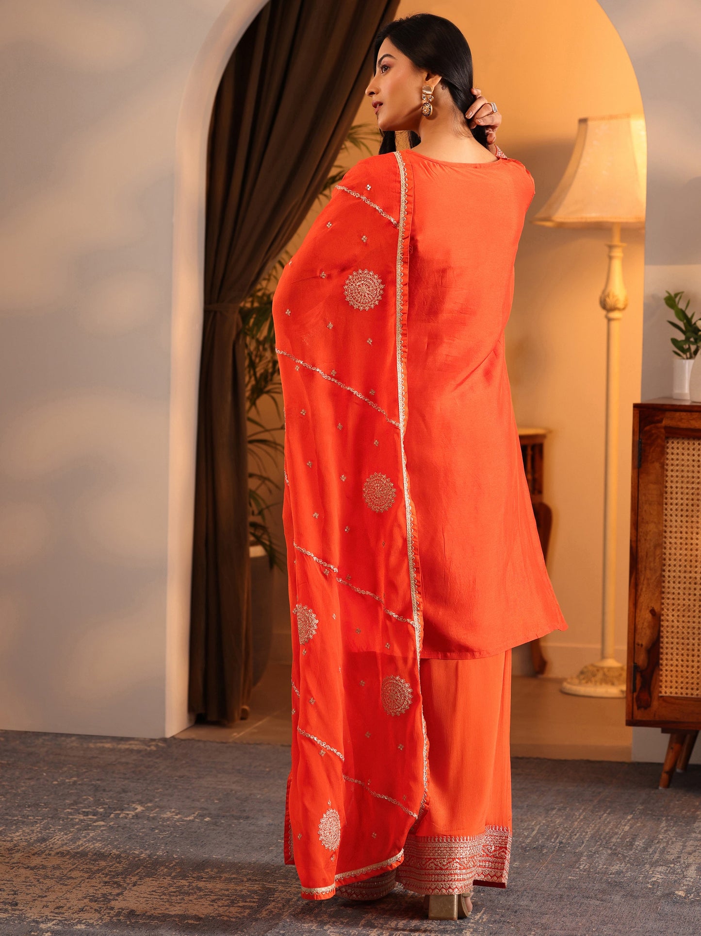 Libas Art Orange Woven Design Silk Blend Straight Suit Set With Dupatta