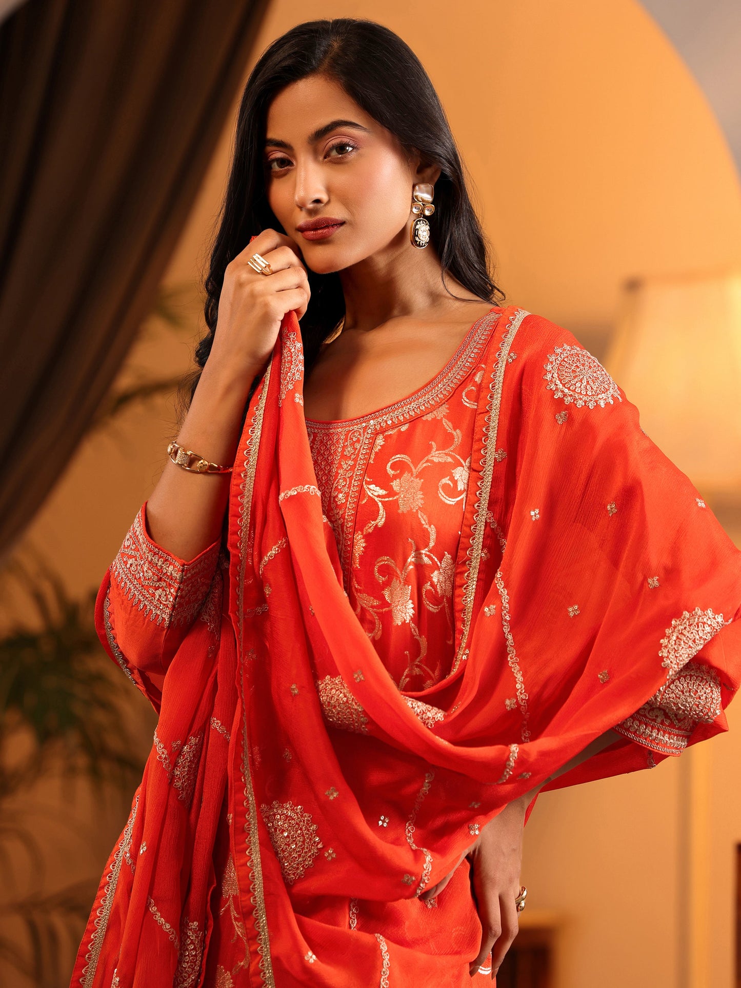 Libas Art Orange Woven Design Silk Blend Straight Suit Set With Dupatta