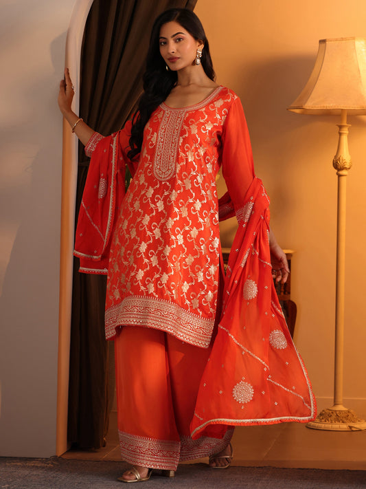 Libas Art Orange Woven Design Silk Blend Straight Suit Set With Dupatta