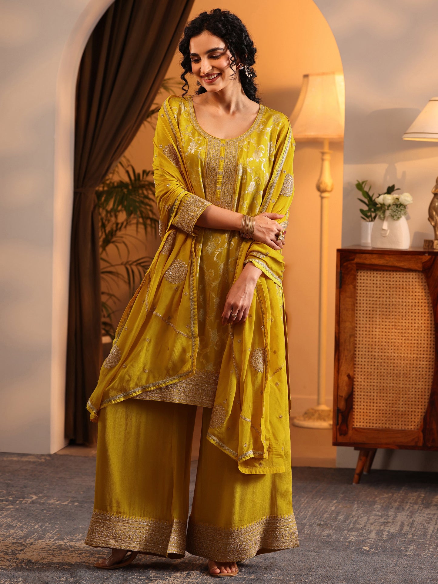 Libas Art Mustard Woven Design Silk Blend Straight Suit Set With Dupatta