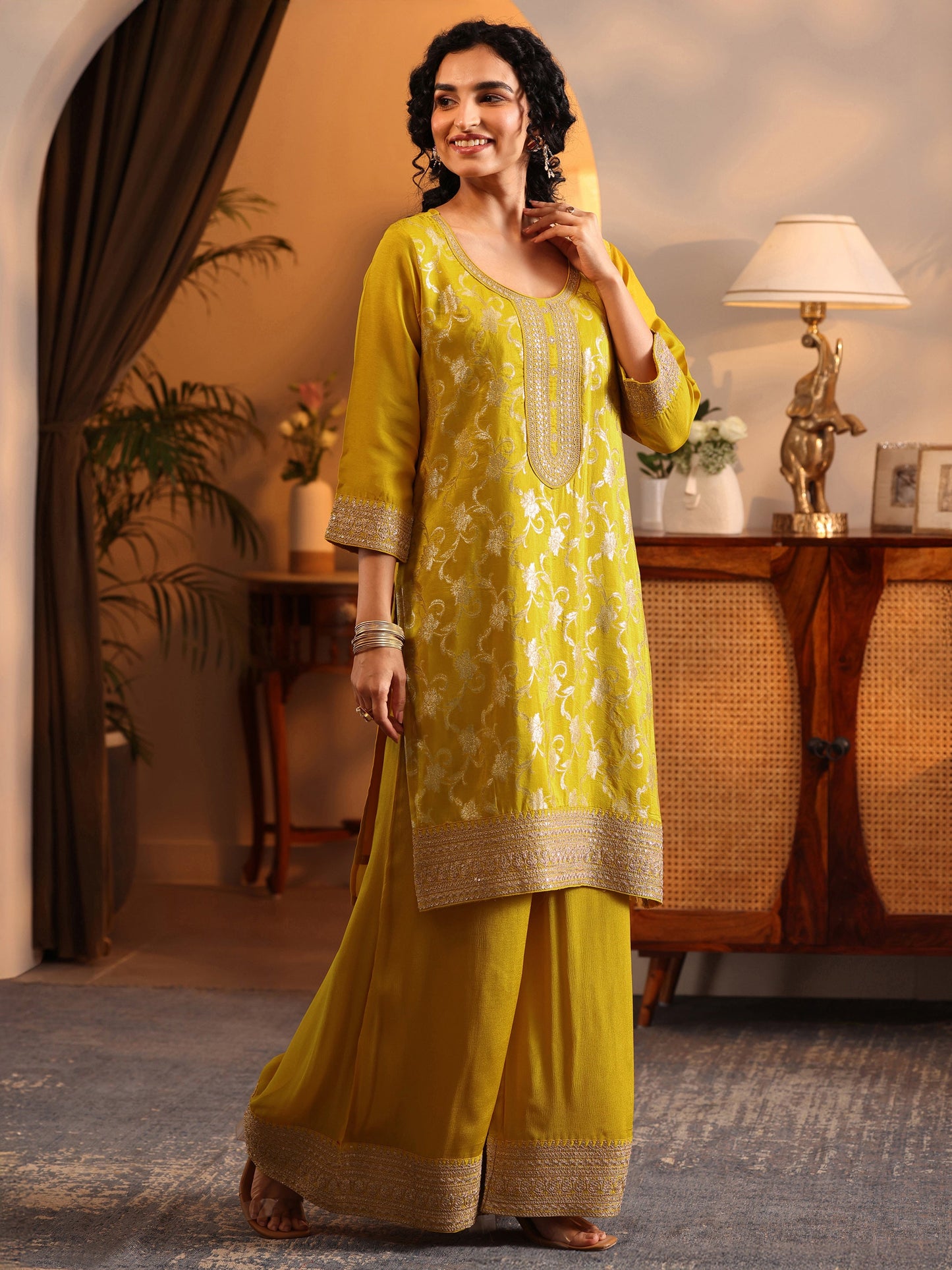 Libas Art Mustard Woven Design Silk Blend Straight Suit Set With Dupatta