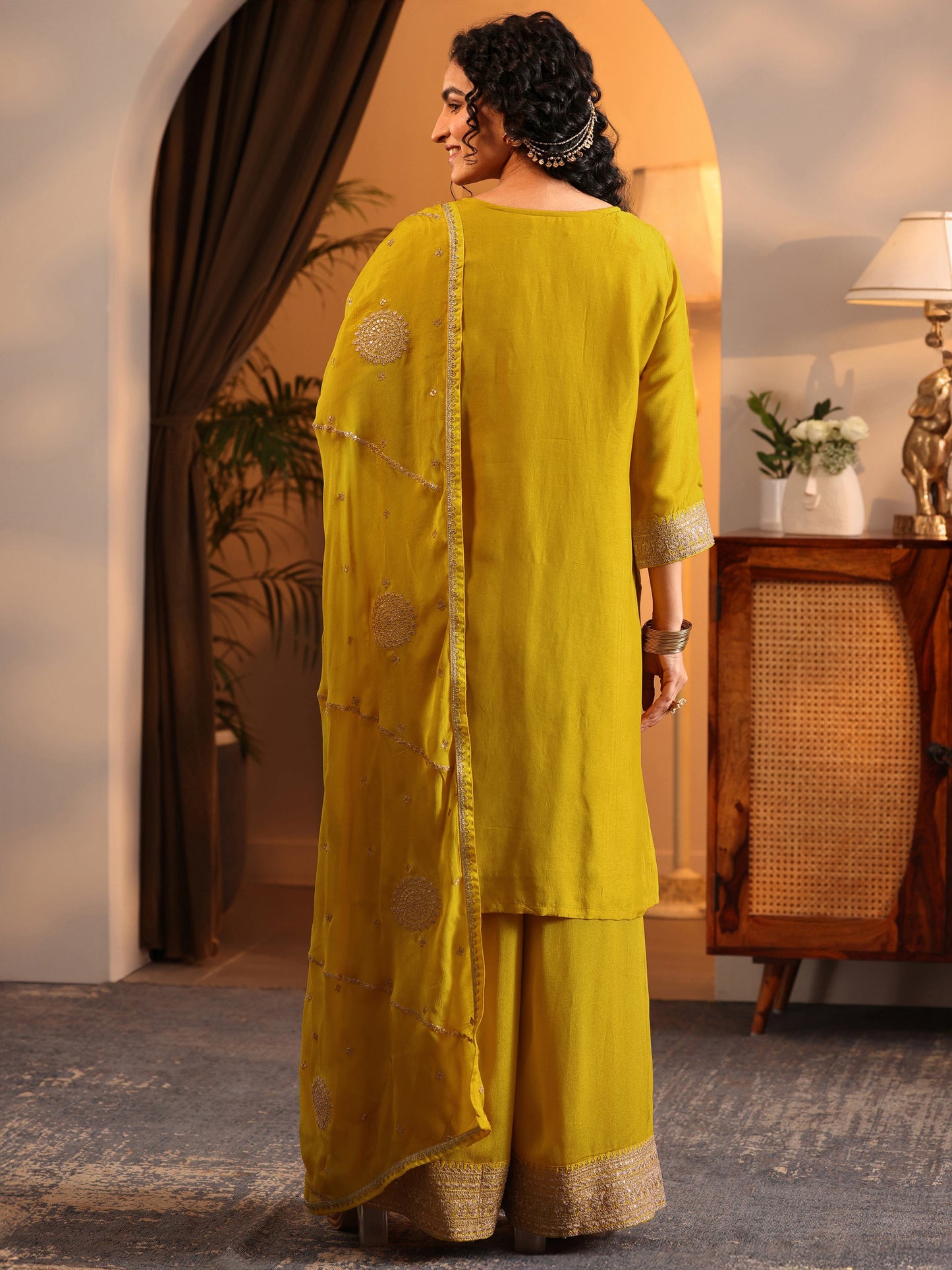 Libas Art Mustard Woven Design Silk Blend Straight Suit Set With Dupatta