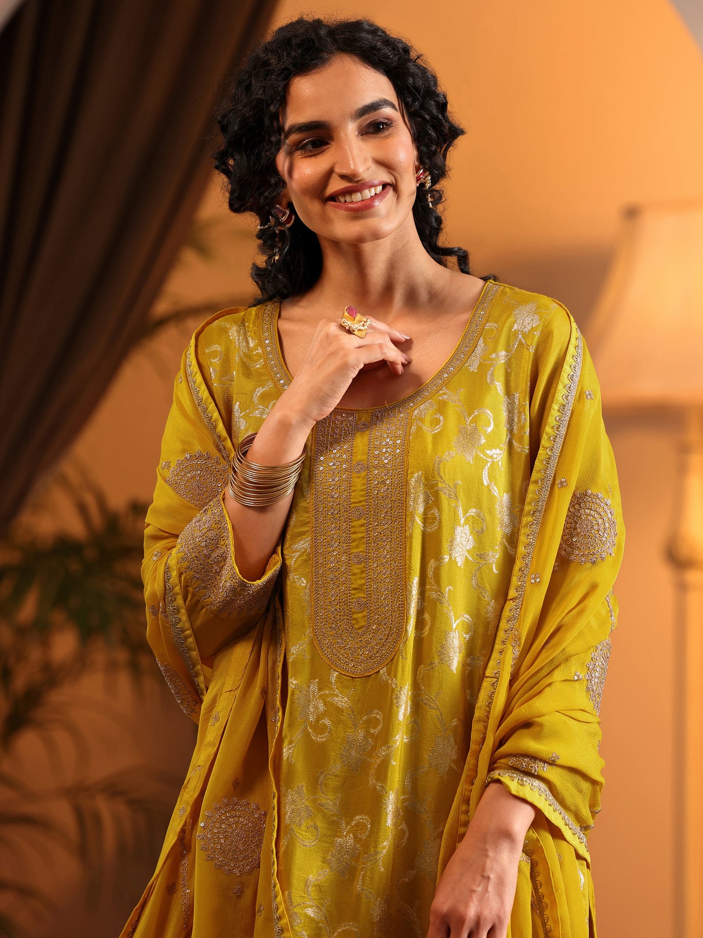 Libas Art Mustard Woven Design Silk Blend Straight Suit Set With Dupatta