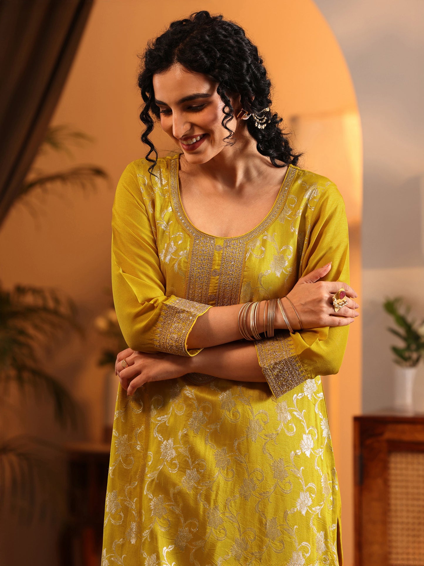 Libas Art Mustard Woven Design Silk Blend Straight Suit Set With Dupatta