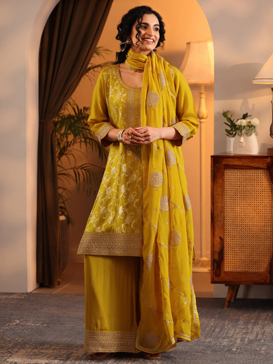 Libas Art Mustard Woven Design Silk Blend Straight Suit Set With Dupatta